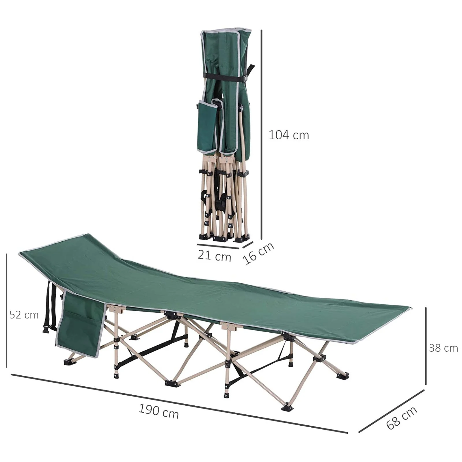 Outsunny Single Person Camping Bed Folding Cot Outdoor Patio Portable Military Sleeping Bed Travel Guest Leisure Fishing with Side Pocket and Carry Bag - Green - Image 3