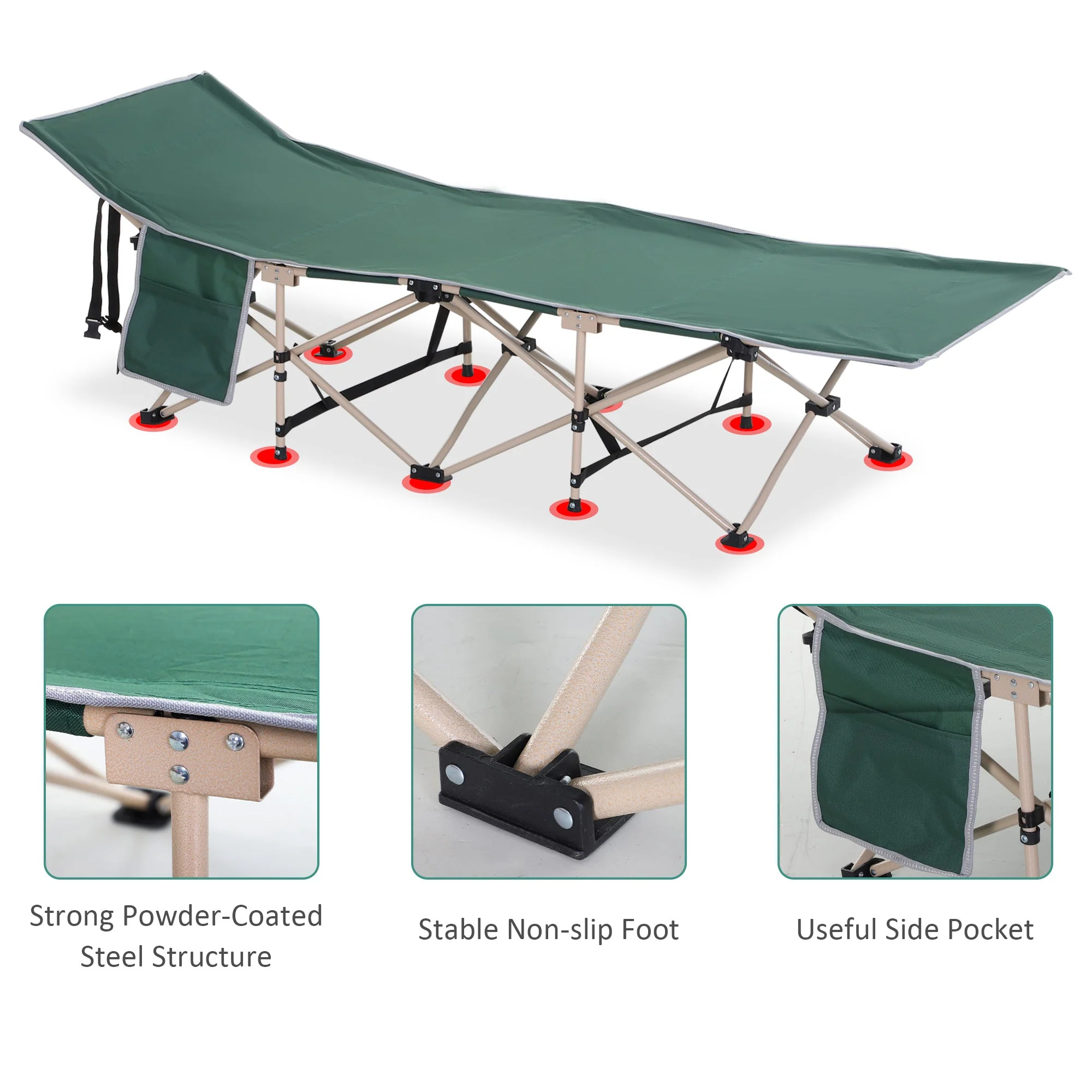 Outsunny Single Person Camping Bed Folding Cot Outdoor Patio Portable Military Sleeping Bed Travel Guest Leisure Fishing with Side Pocket and Carry Bag - Green - Image 5