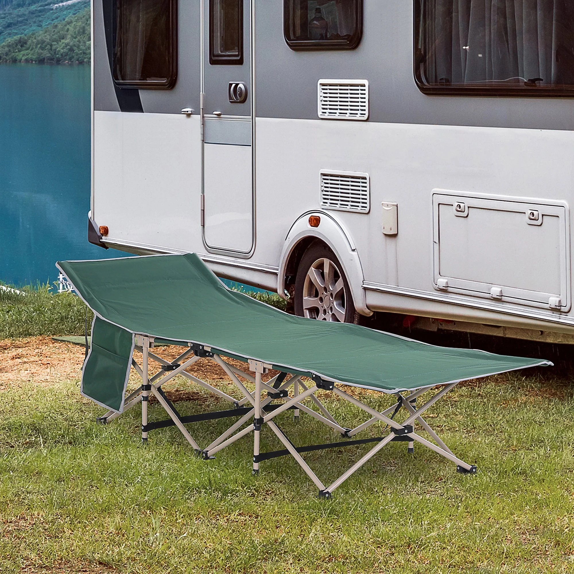 Outsunny Single Person Camping Bed Folding Cot Outdoor Patio Portable Military Sleeping Bed Travel Guest Leisure Fishing with Side Pocket and Carry Bag - Green - Image 9