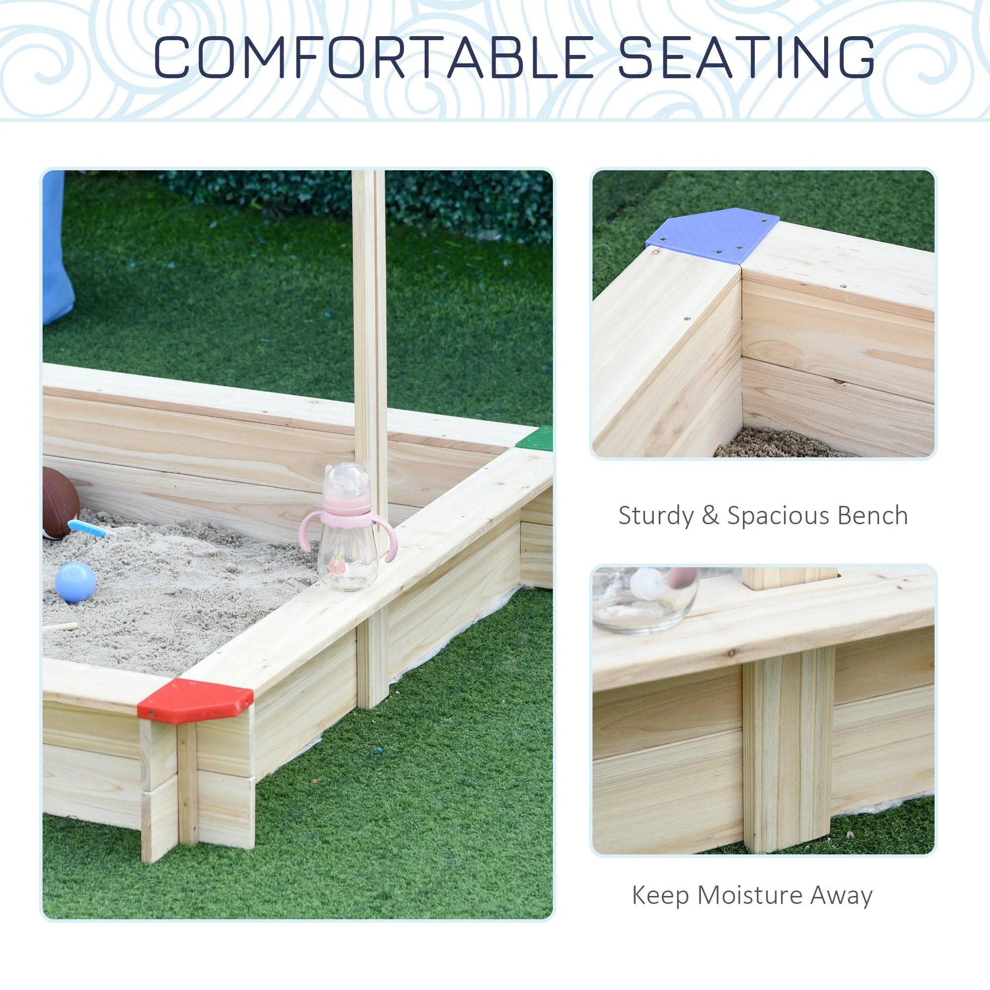 Outsunny Square Wooden Kids Sandpit Children Cabana Sandbox Outdoor Backyard Playset - Image 3