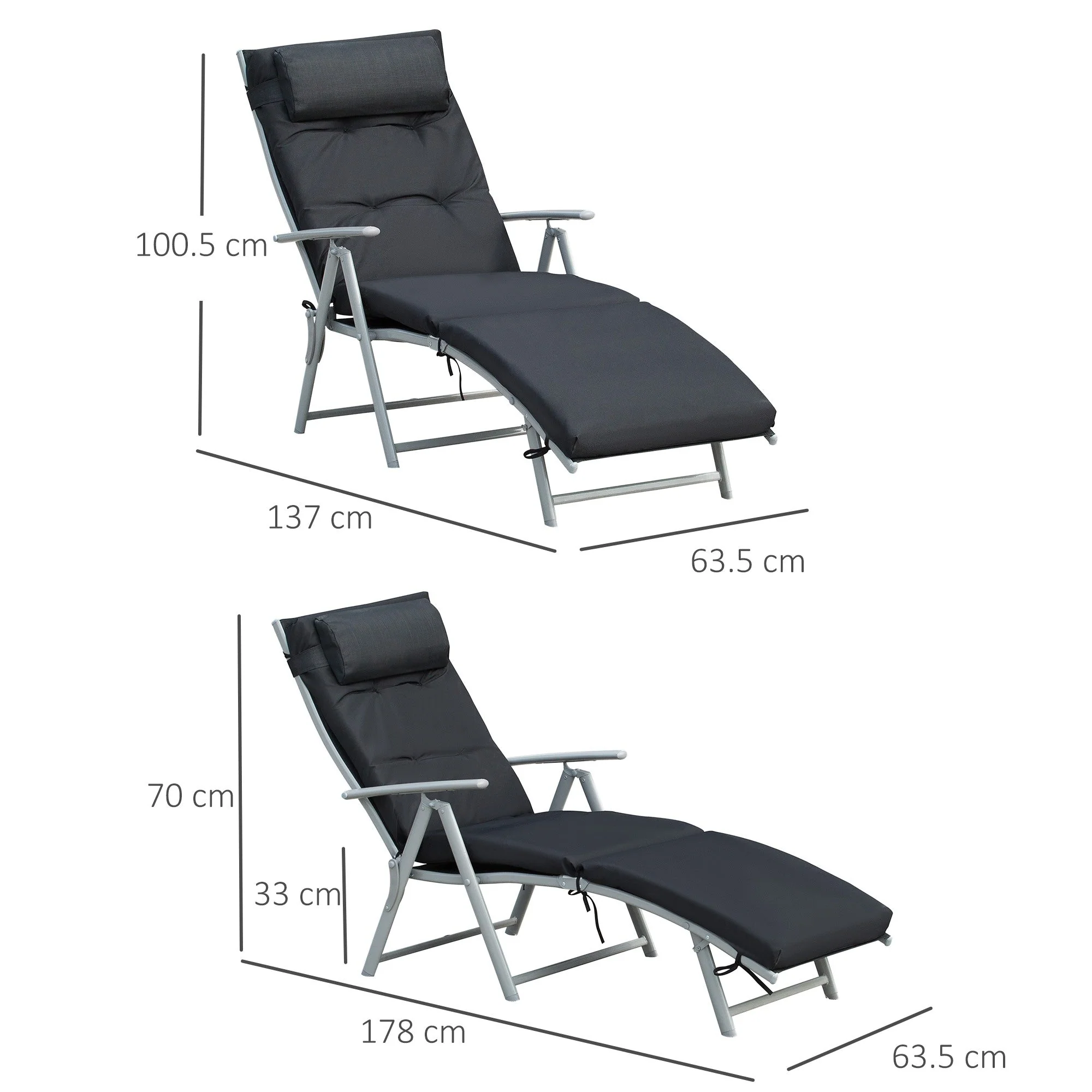 Outsunny Steel Frame Outdoor Garden Padded Sun Lounger w/ Pillow Black - Image 2