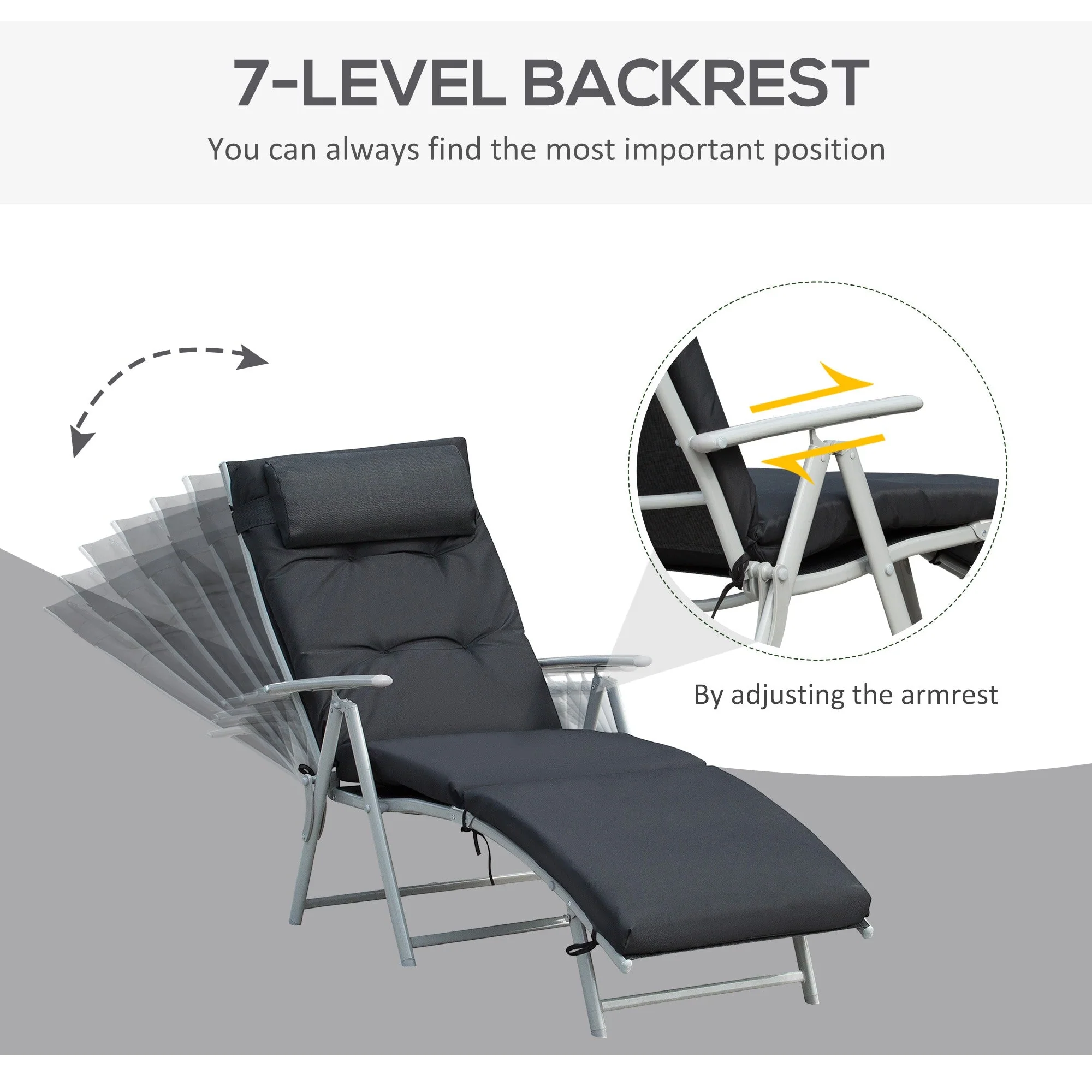 Outsunny Steel Frame Outdoor Garden Padded Sun Lounger w/ Pillow Black - Image 3