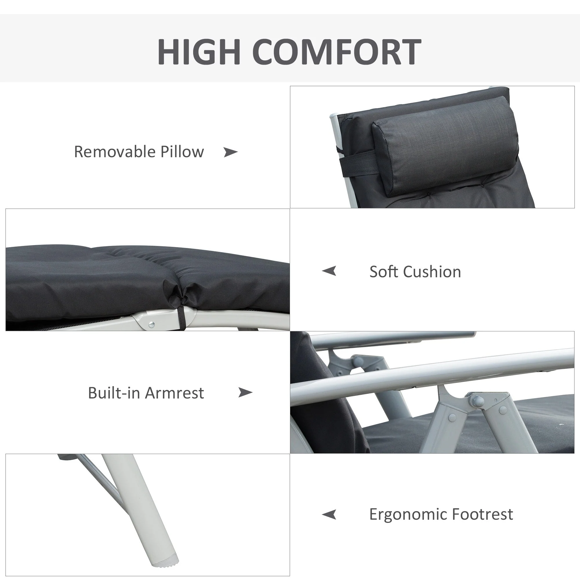 Outsunny Steel Frame Outdoor Garden Padded Sun Lounger w/ Pillow Black - Image 4