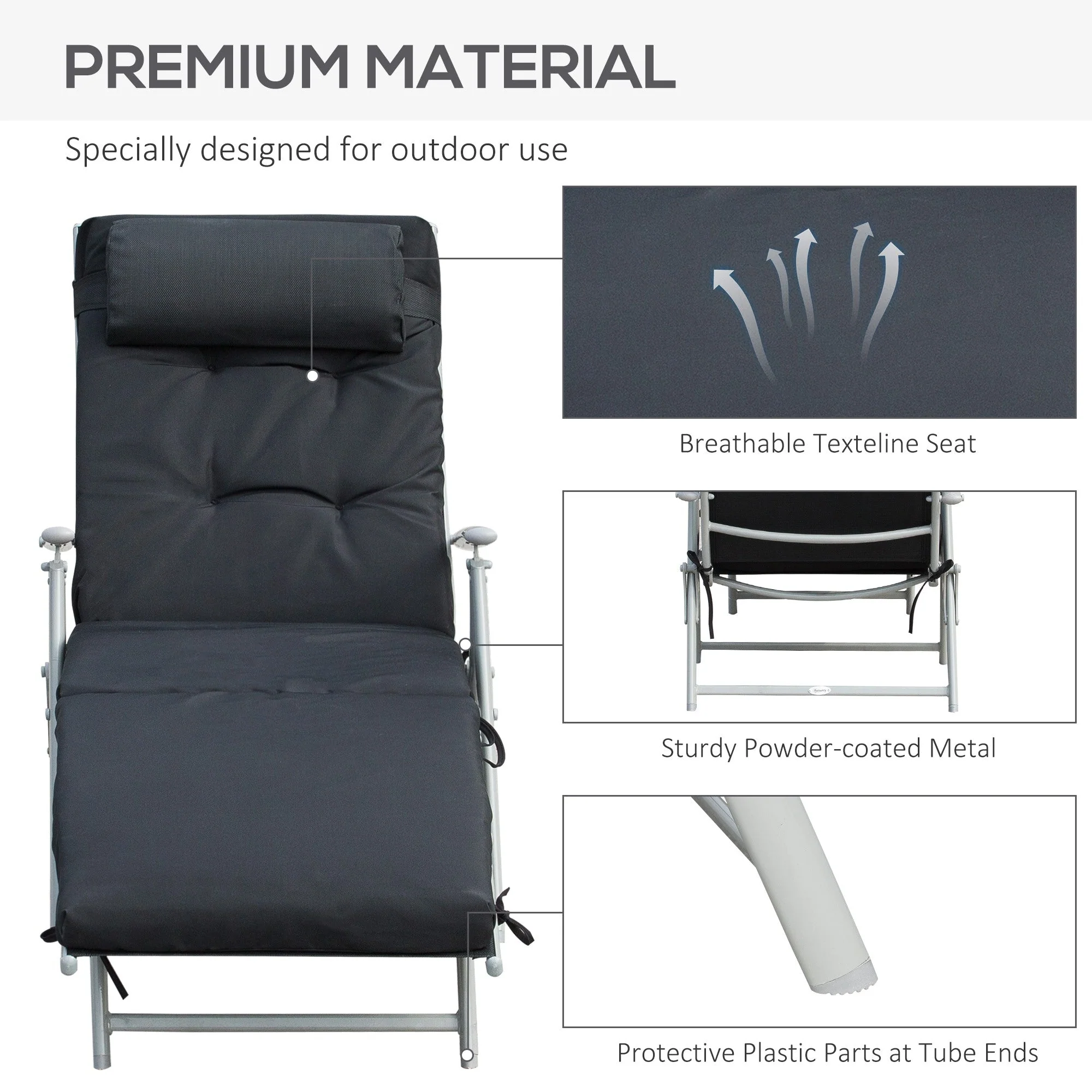 Outsunny Steel Frame Outdoor Garden Padded Sun Lounger w/ Pillow Black - Image 6