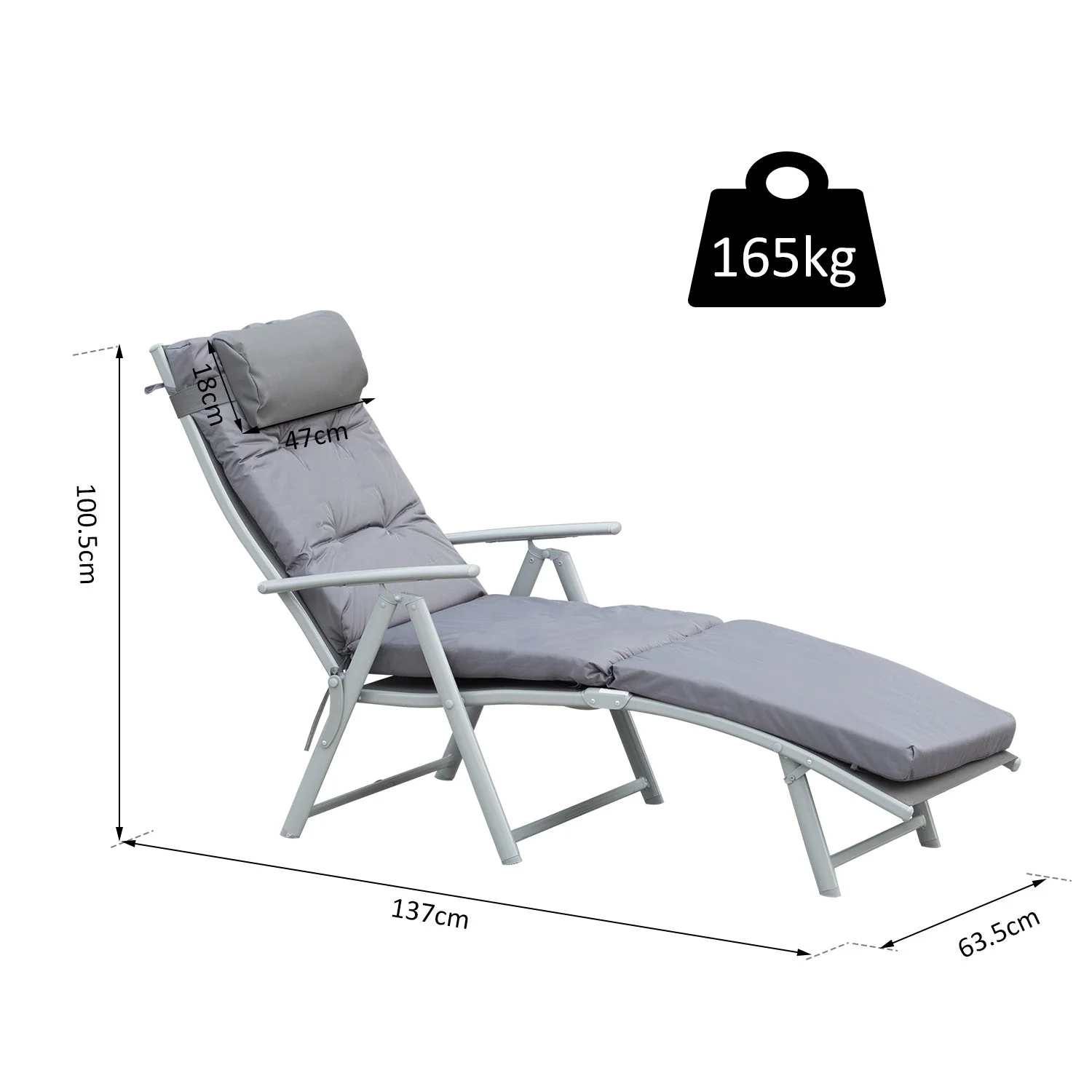 Outsunny Steel Frame Outdoor Garden Padded Sun Lounger With Pillow Grey - Image 3