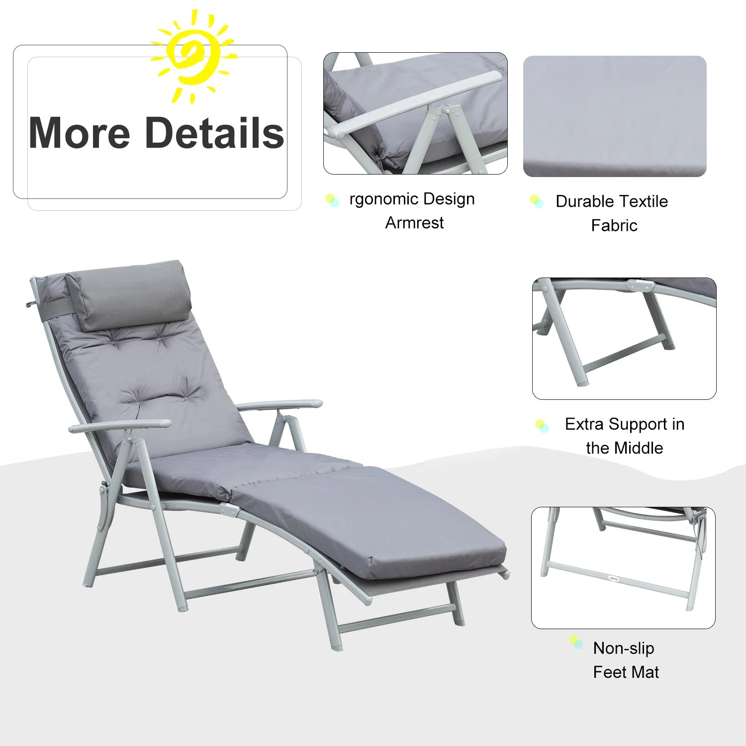 Outsunny Steel Frame Outdoor Garden Padded Sun Lounger With Pillow Grey - Image 4