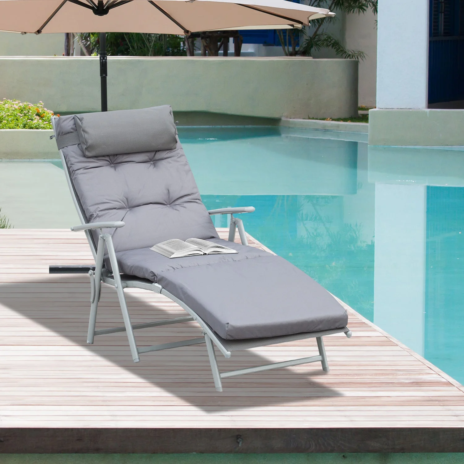 Outsunny Steel Frame Outdoor Garden Padded Sun Lounger With Pillow Grey - Image 9