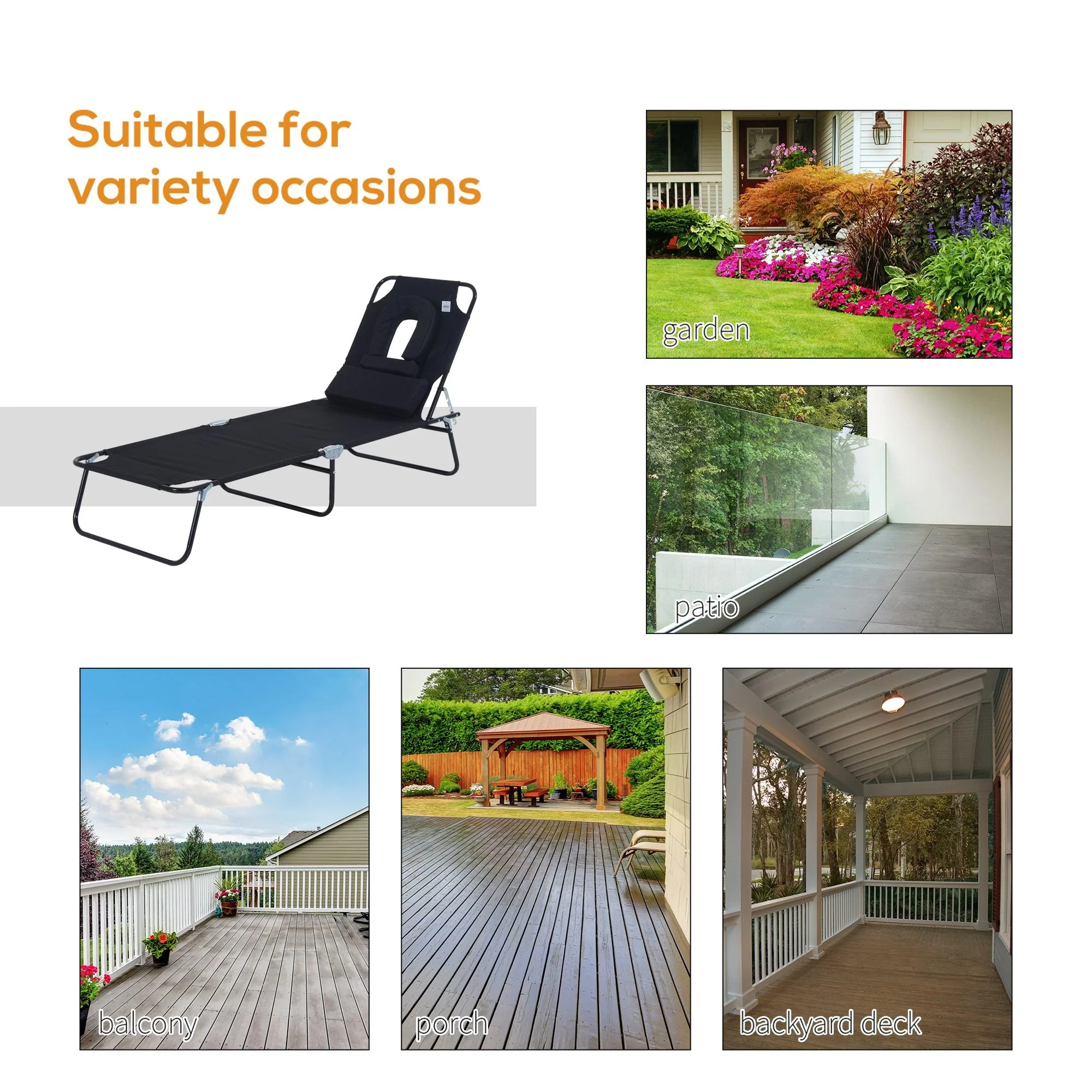 Outsunny Sun Lounger Foldable Reclining Chair with Pillow and Reading Hole Garden Beach Outdoor Recliner Adjustable Black - Image 4