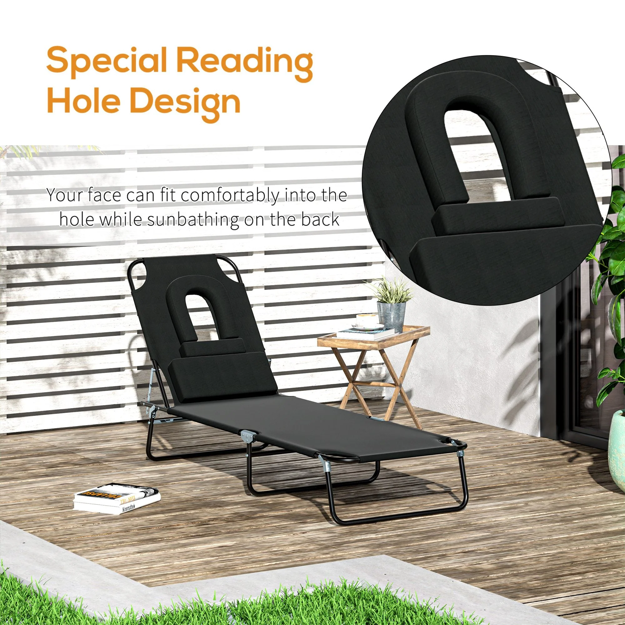 Outsunny Sun Lounger Foldable Reclining Chair with Pillow and Reading Hole Garden Beach Outdoor Recliner Adjustable Black - Image 6