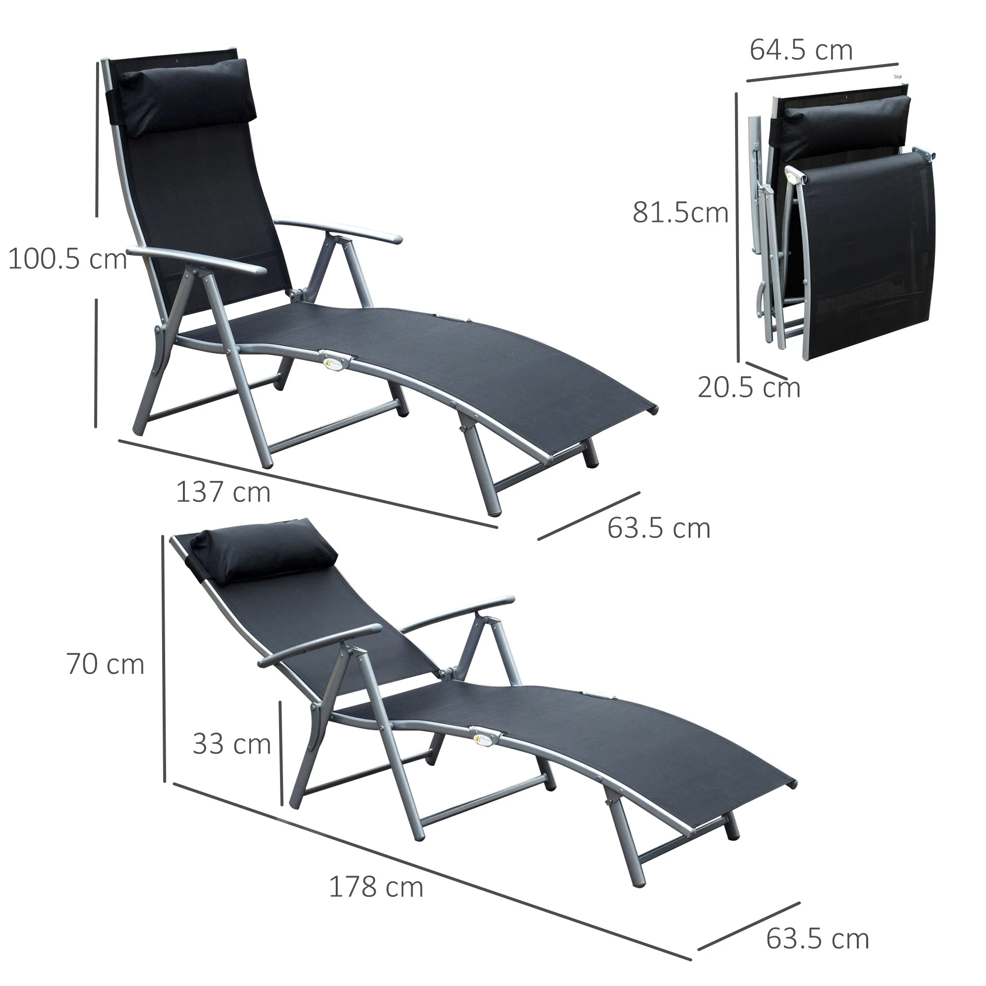 Outsunny Sun Lounger Steel Frame Outdoor Folding Chaise Texteline Lounge Chair Recliner With Headrest & 7 Levels Adjustable Backrest - Image 3