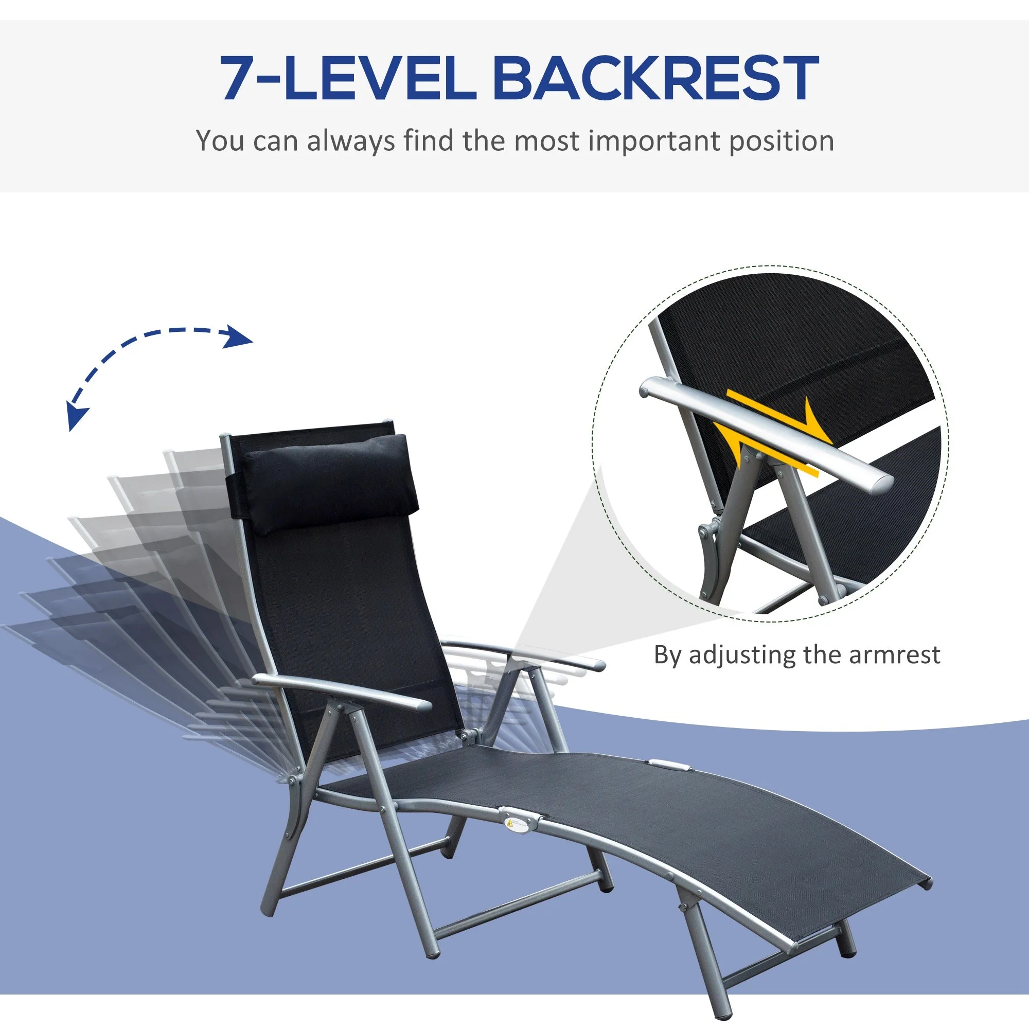 Outsunny Sun Lounger Steel Frame Outdoor Folding Chaise Texteline Lounge Chair Recliner With Headrest & 7 Levels Adjustable Backrest - Image 4