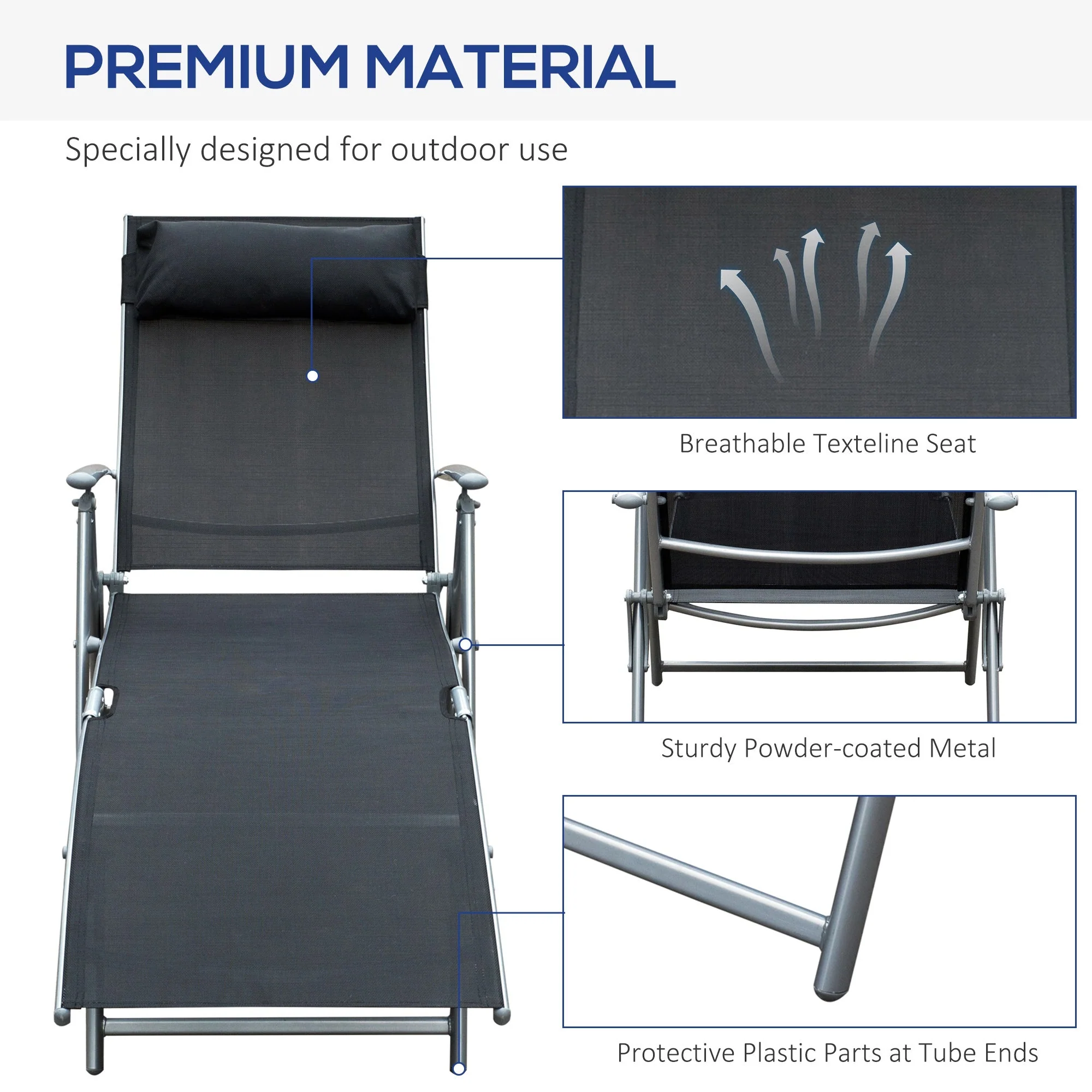 Outsunny Sun Lounger Steel Frame Outdoor Folding Chaise Texteline Lounge Chair Recliner With Headrest & 7 Levels Adjustable Backrest - Image 7