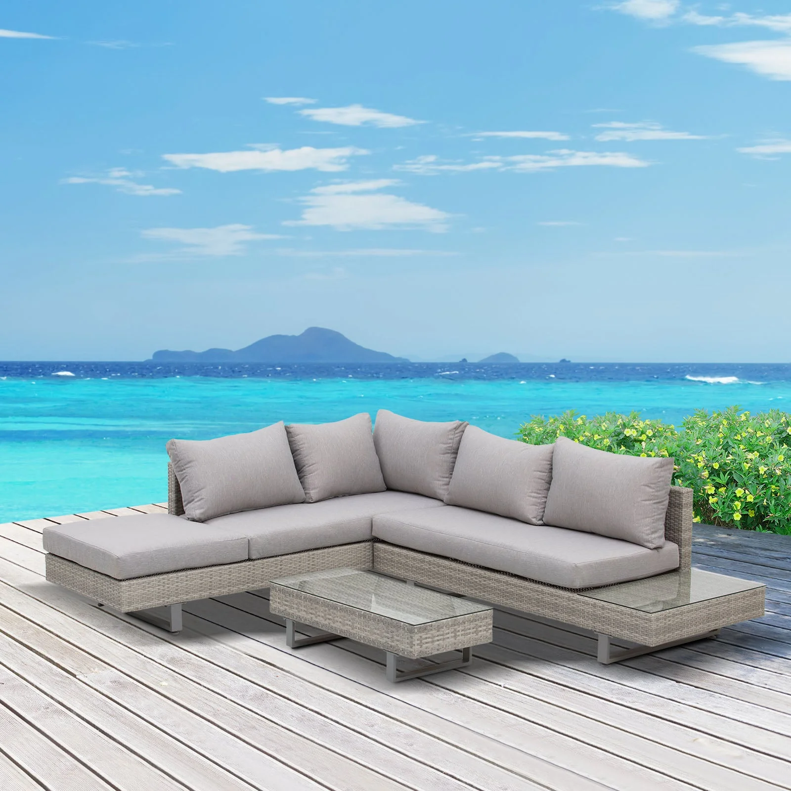 Three-Piece Corner Rattan Set With Glass Tables - Image 2