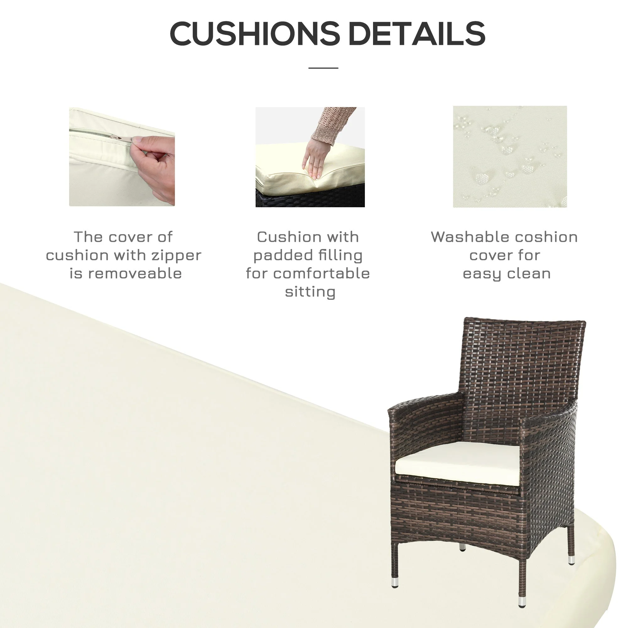 Outsunny Three-Piece Rattan Chair Set With Cushions - Brown - Image 7