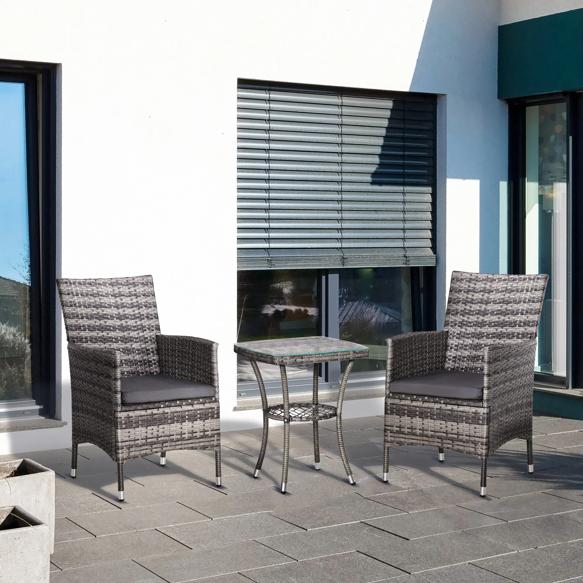 Outsunny Three-Piece Rattan Chair Set With Cushions - Grey - Image 2