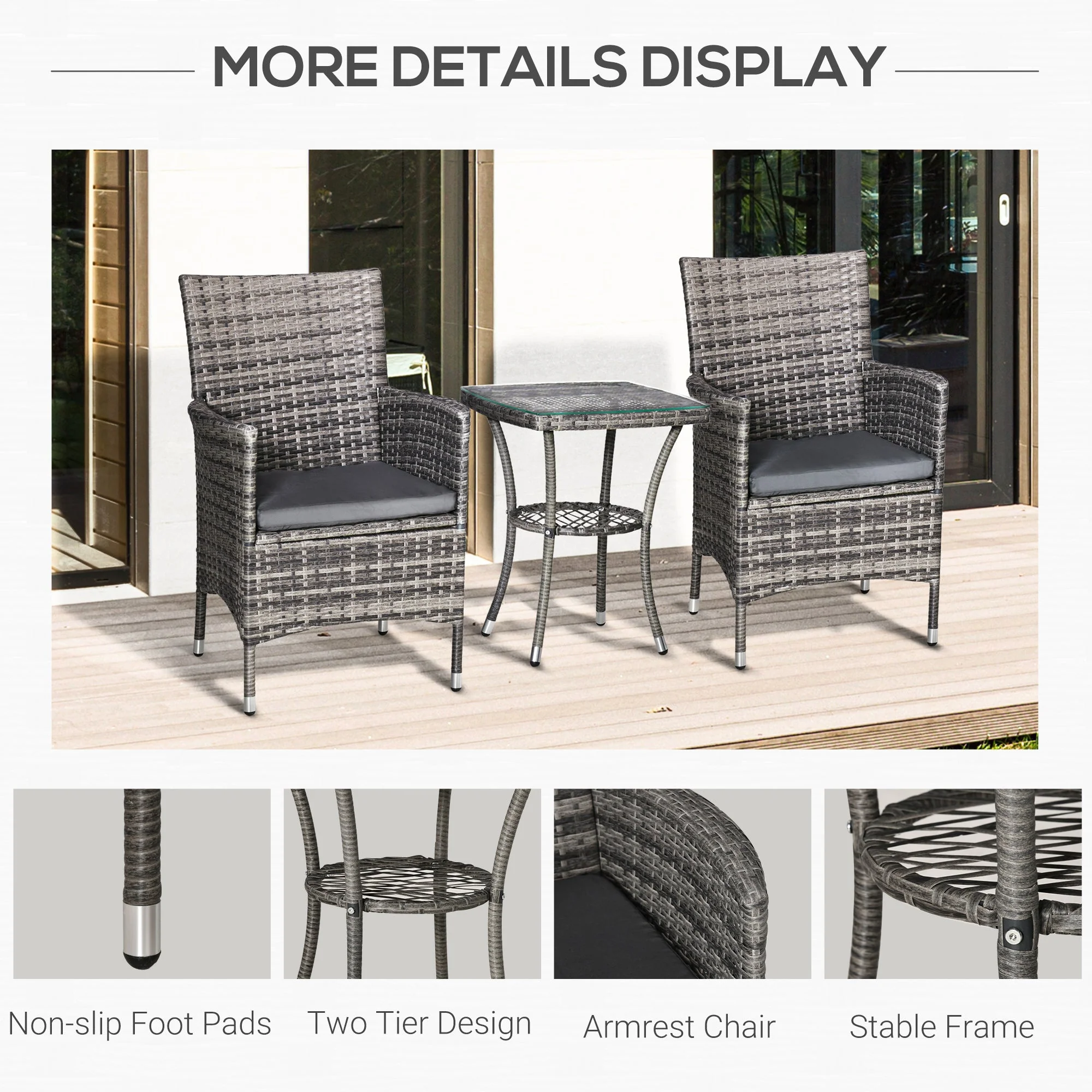 Outsunny Three-Piece Rattan Chair Set With Cushions - Grey - Image 5