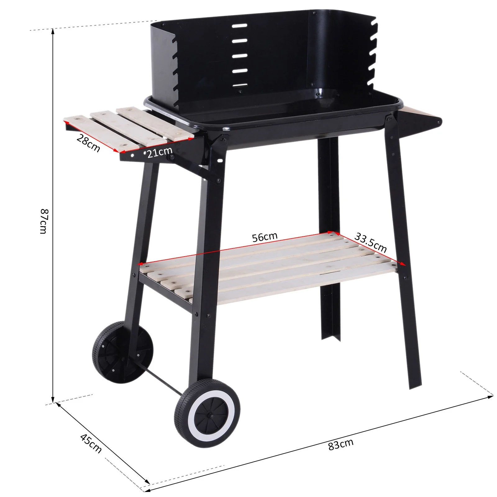 Outsunny Trolley Charcoal BBQ Barbecue Grill Outdoor Patio Garden Heating Smoker with Side Trays Storage Shelf and Wheels - Image 2
