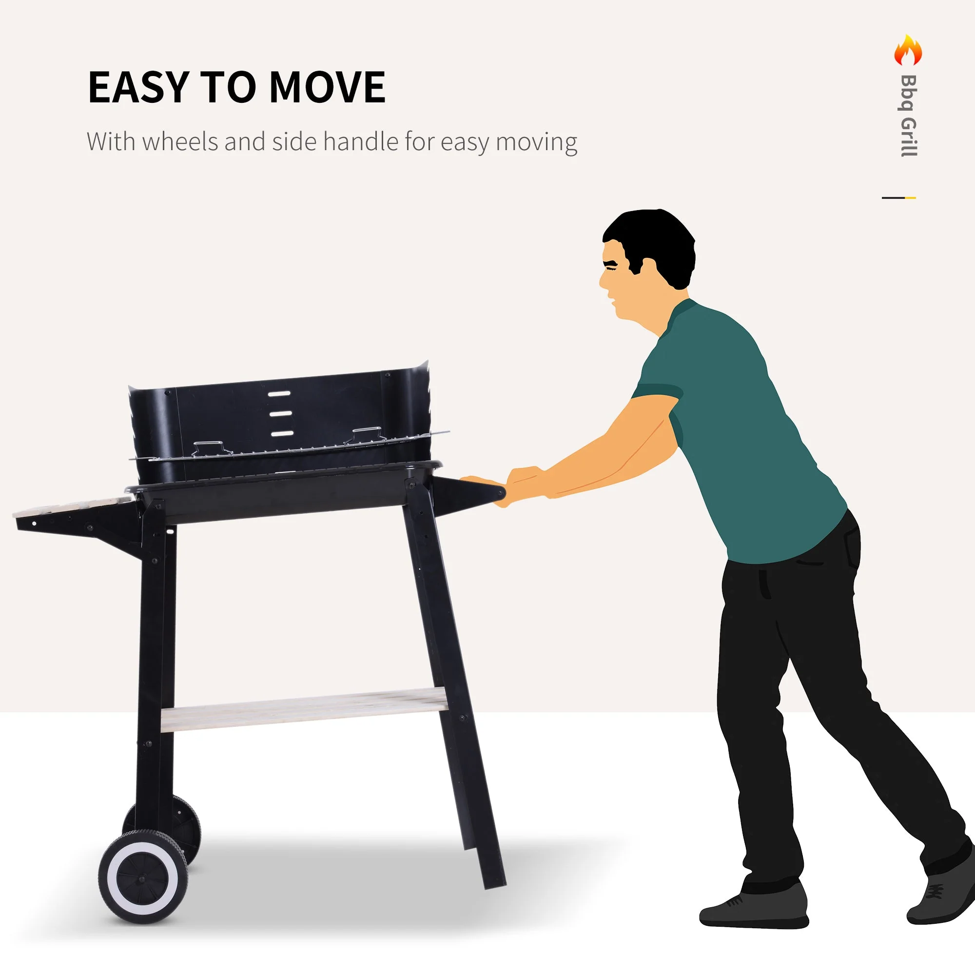 Outsunny Trolley Charcoal BBQ Barbecue Grill Outdoor Patio Garden Heating Smoker with Side Trays Storage Shelf and Wheels - Image 3