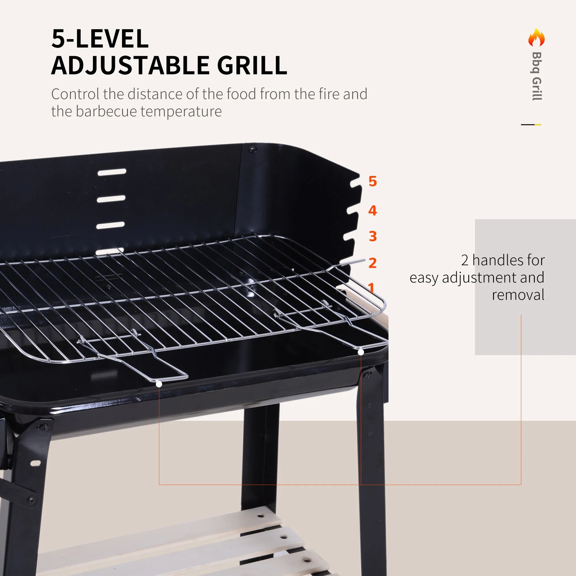 Outsunny Trolley Charcoal BBQ Barbecue Grill Outdoor Patio Garden Heating Smoker with Side Trays Storage Shelf and Wheels - Image 4