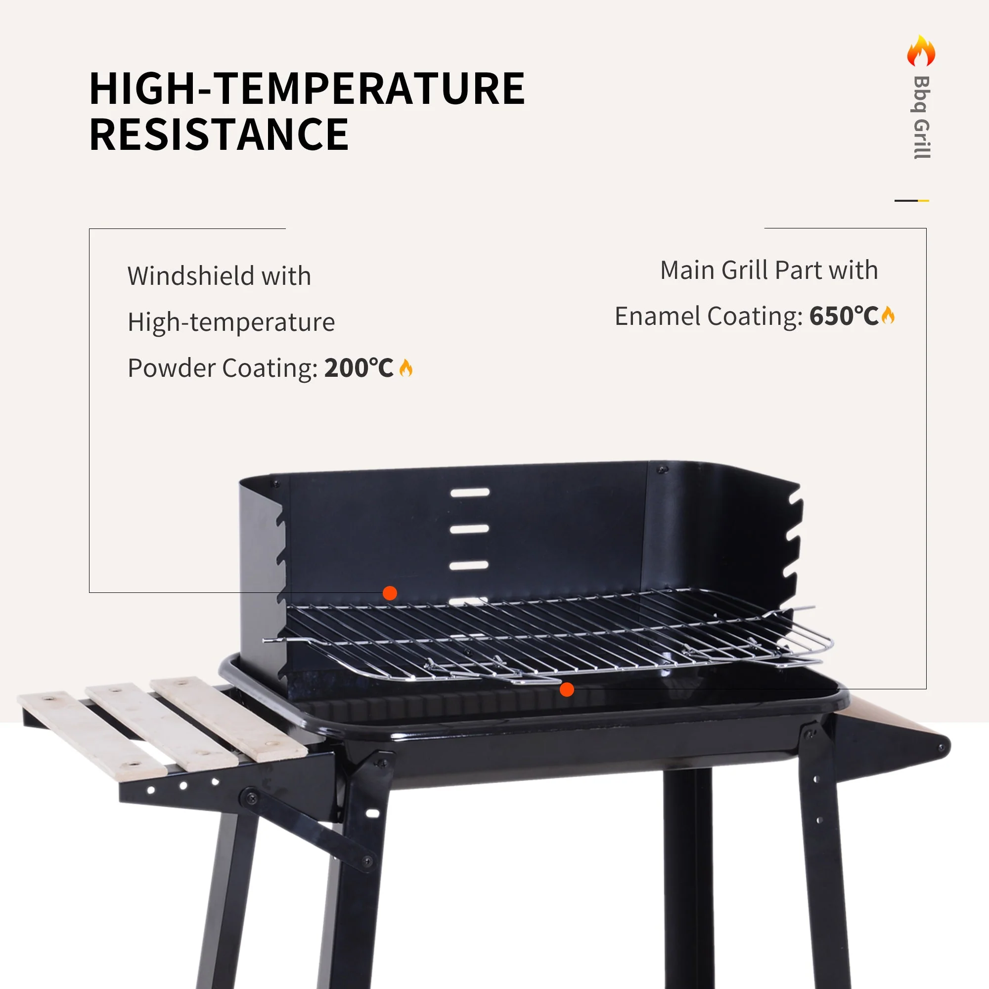 Outsunny Trolley Charcoal BBQ Barbecue Grill Outdoor Patio Garden Heating Smoker with Side Trays Storage Shelf and Wheels - Image 5