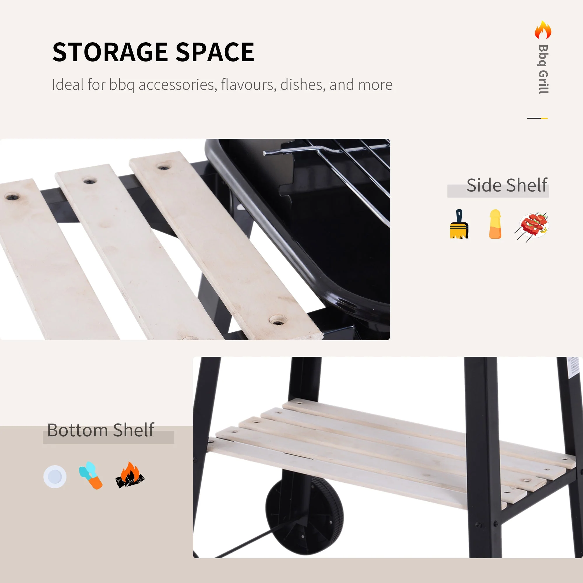 Outsunny Trolley Charcoal BBQ Barbecue Grill Outdoor Patio Garden Heating Smoker with Side Trays Storage Shelf and Wheels - Image 6