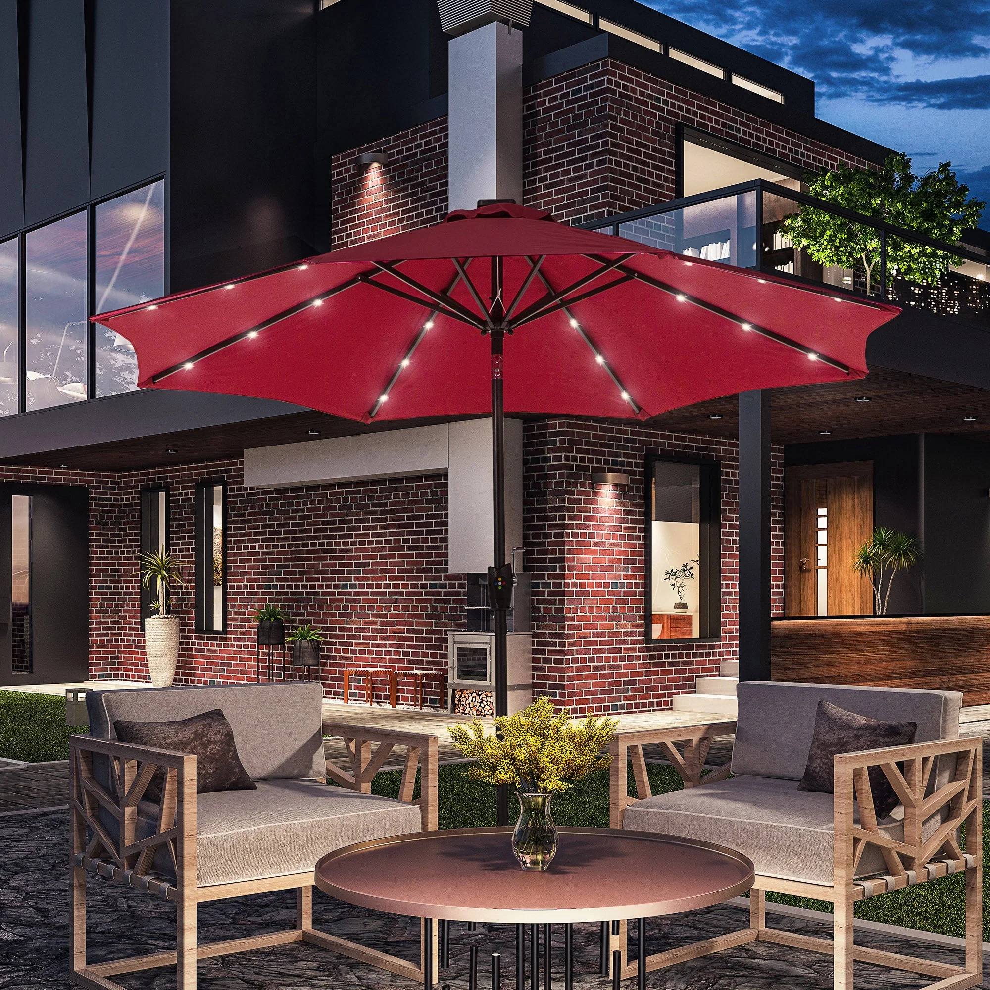 Outsunny Umbrella Parasol 24 Solar Led-Wine Red - Image 2