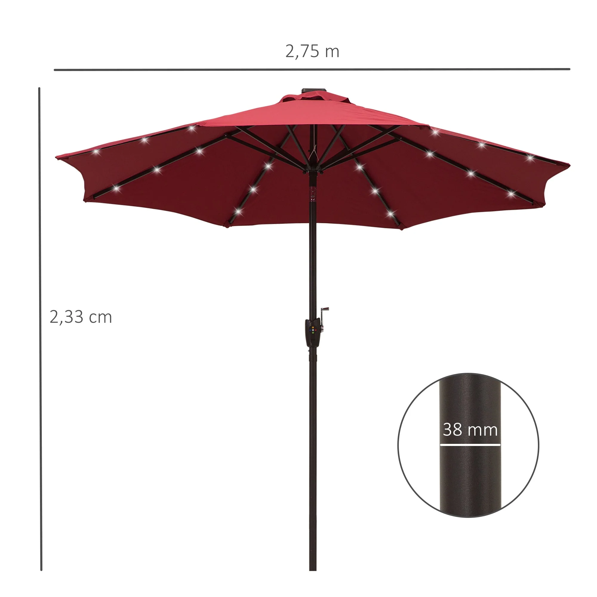 Outsunny Umbrella Parasol 24 Solar Led-Wine Red - Image 3