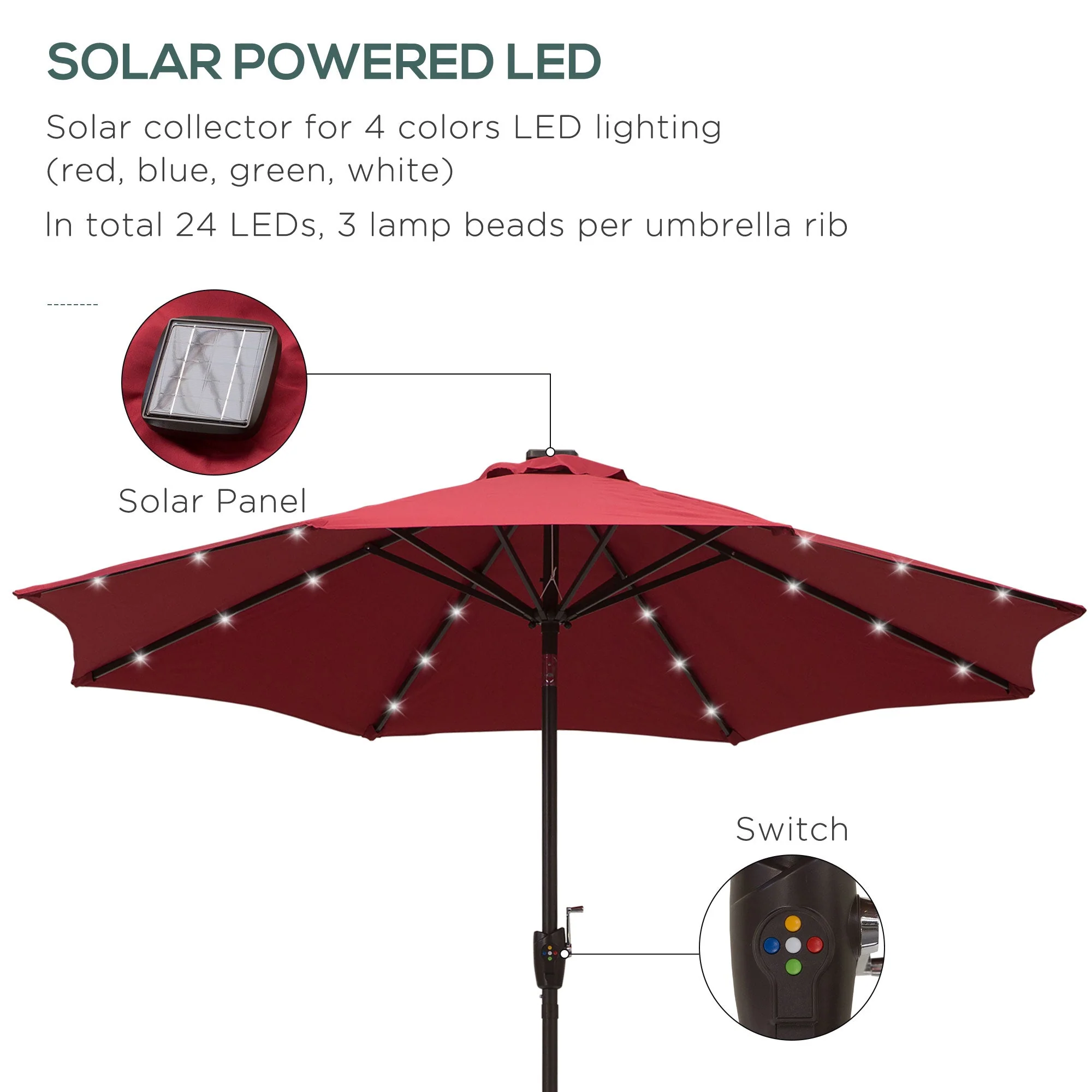 Outsunny Umbrella Parasol 24 Solar Led-Wine Red - Image 5