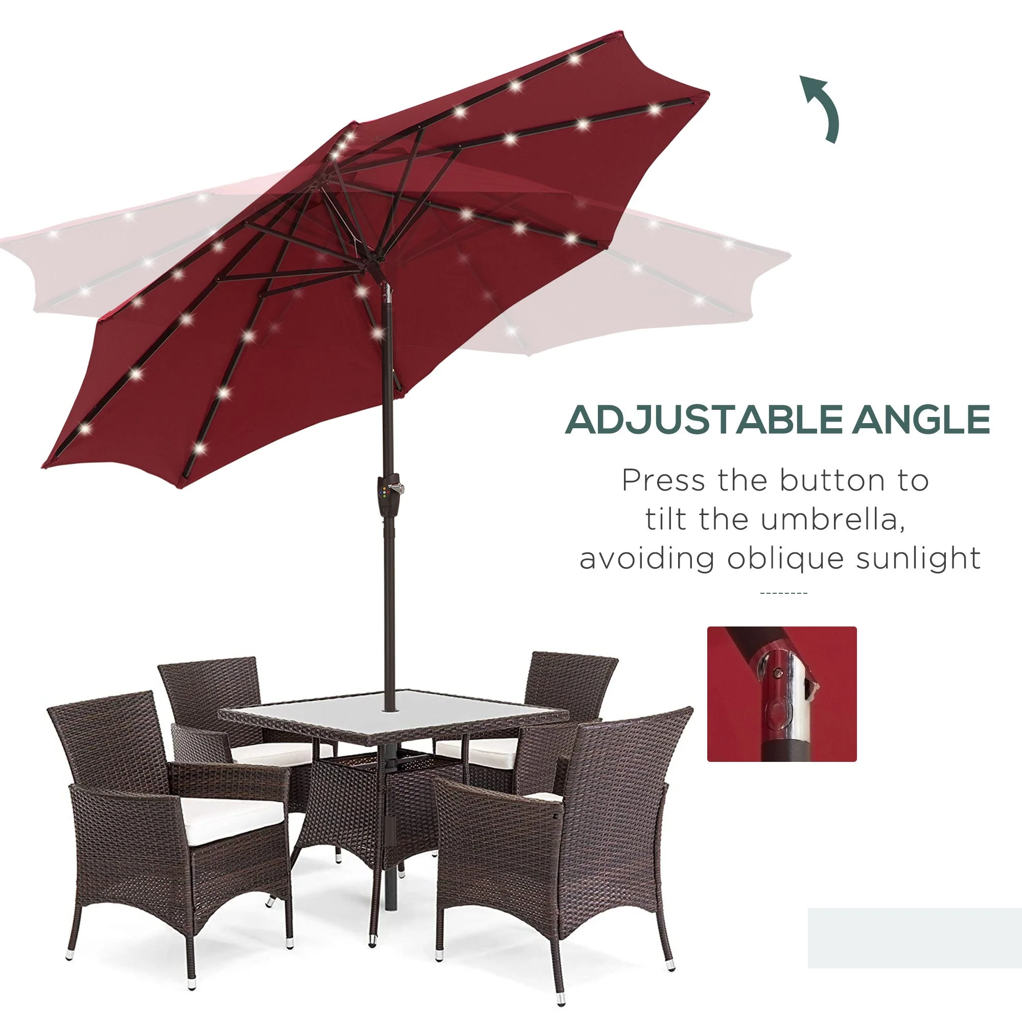 Outsunny Umbrella Parasol 24 Solar Led-Wine Red - Image 6