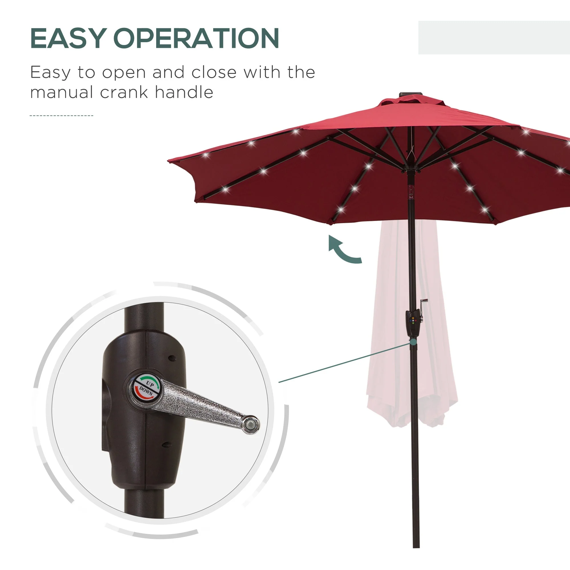 Outsunny Umbrella Parasol 24 Solar Led-Wine Red - Image 7