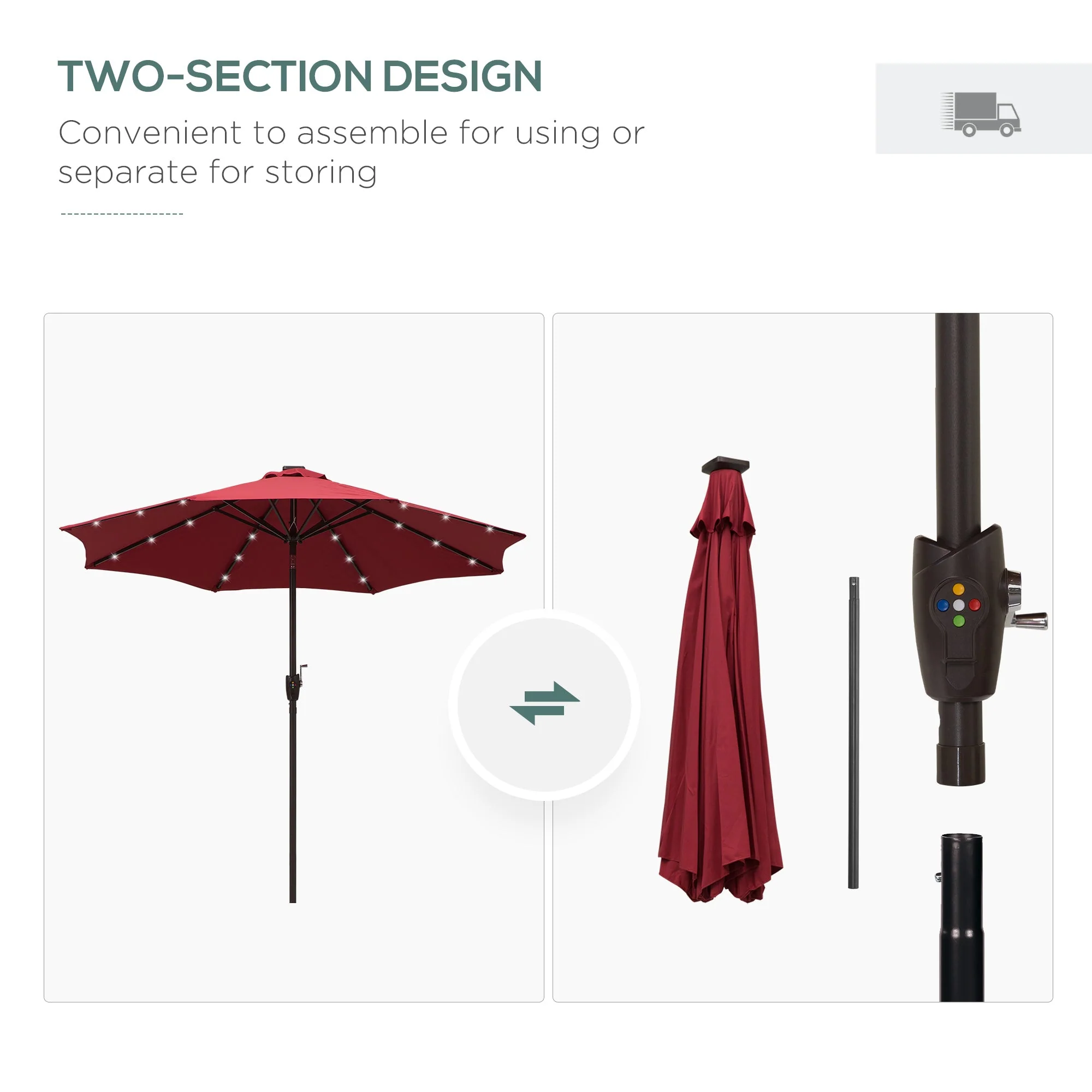 Outsunny Umbrella Parasol 24 Solar Led-Wine Red - Image 8