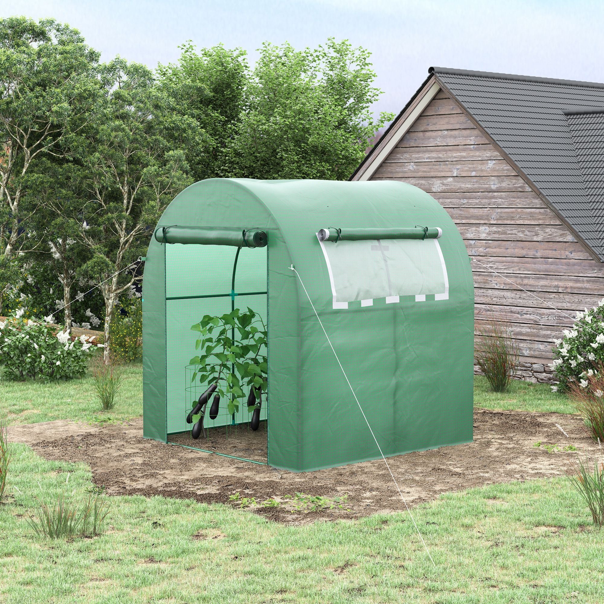 Outsunny Walk In Polytunnel Greenhouse Green House For Garden With Roll-Up Window And Door 1.8 X 1.8 X 2 M Green - Image 2