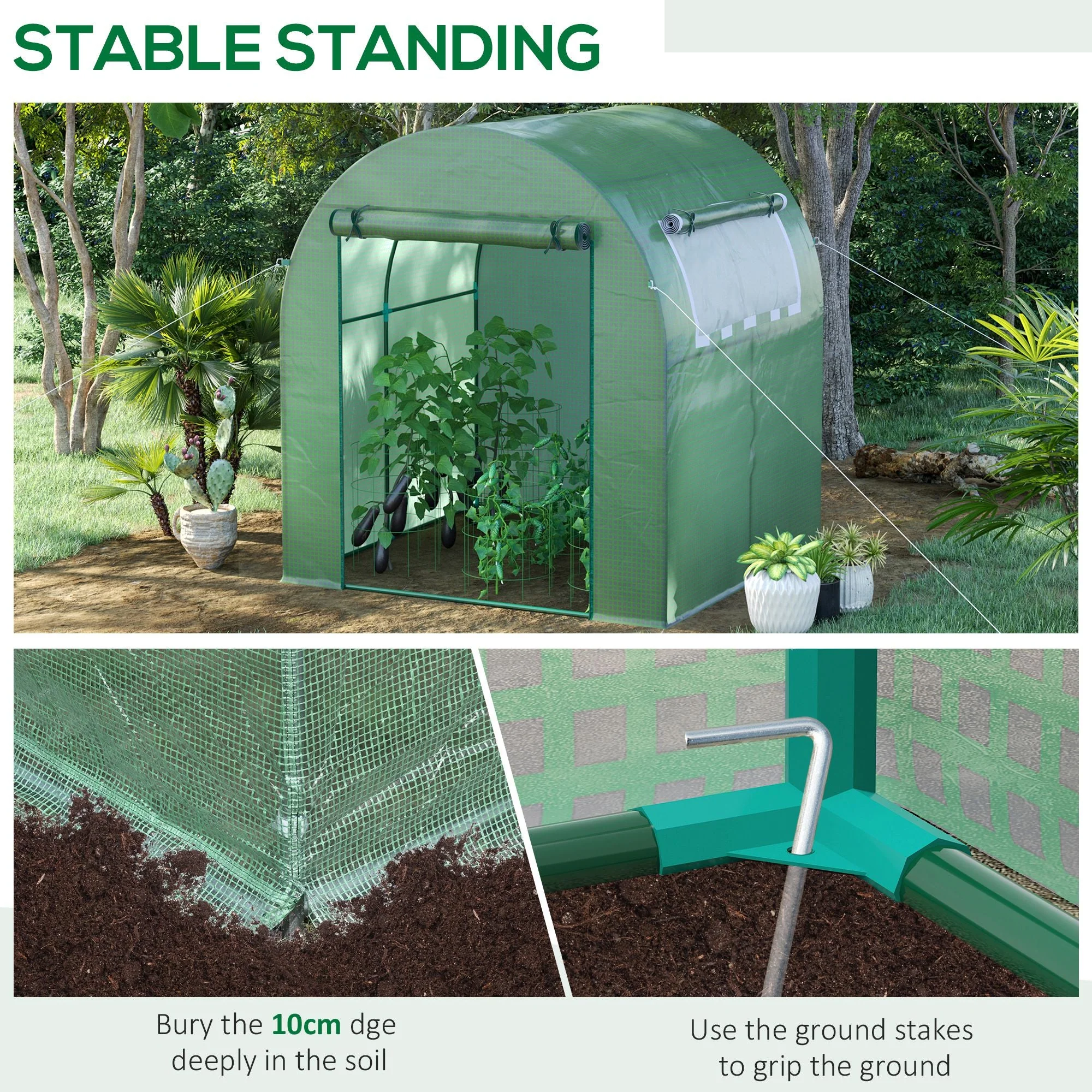Outsunny Walk In Polytunnel Greenhouse Green House For Garden With Roll-Up Window And Door 1.8 X 1.8 X 2 M Green - Image 5