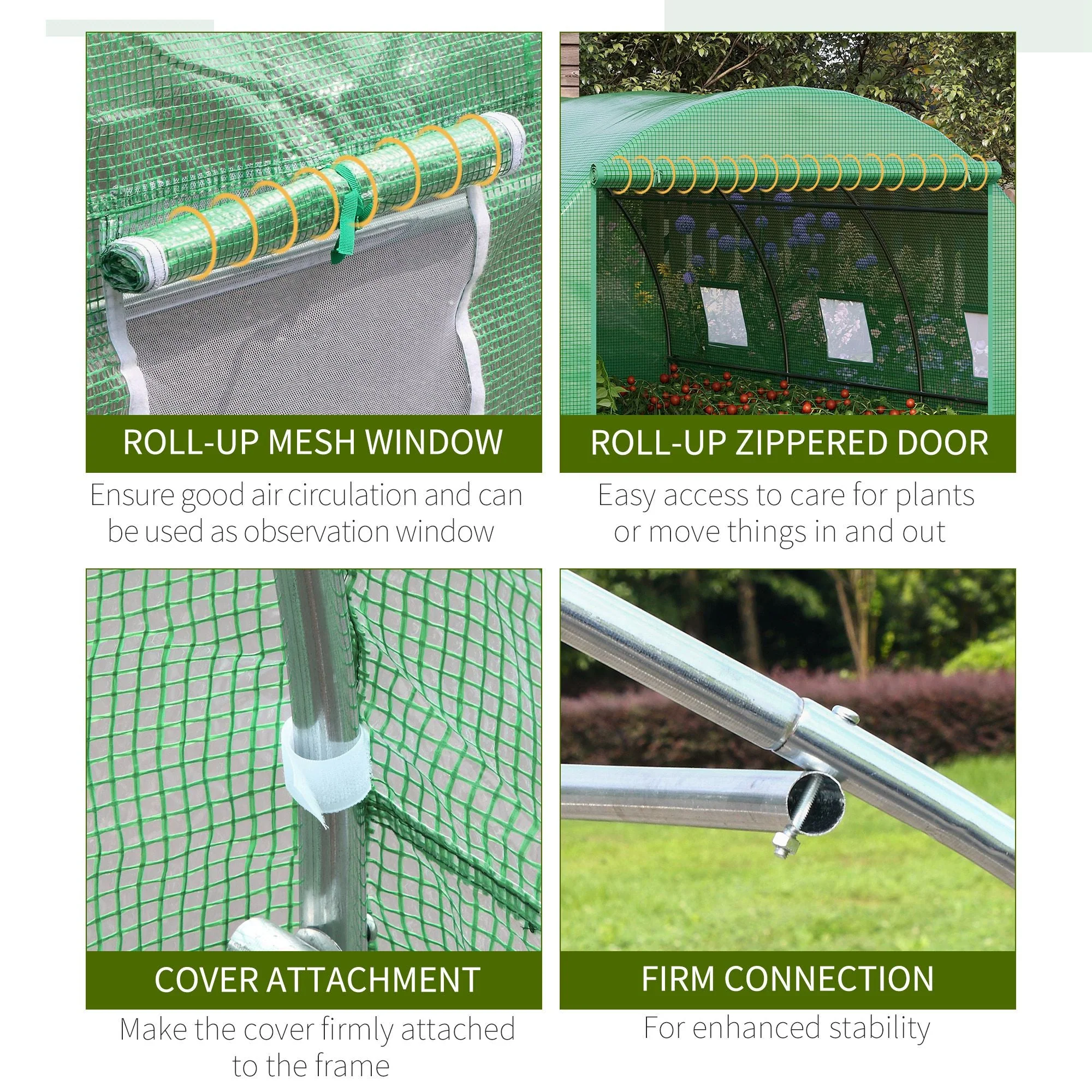Outsunny Walk-In Tunnel Greenhouse With Pe Cover Zipper Door & Roll Up Window Green - Image 6