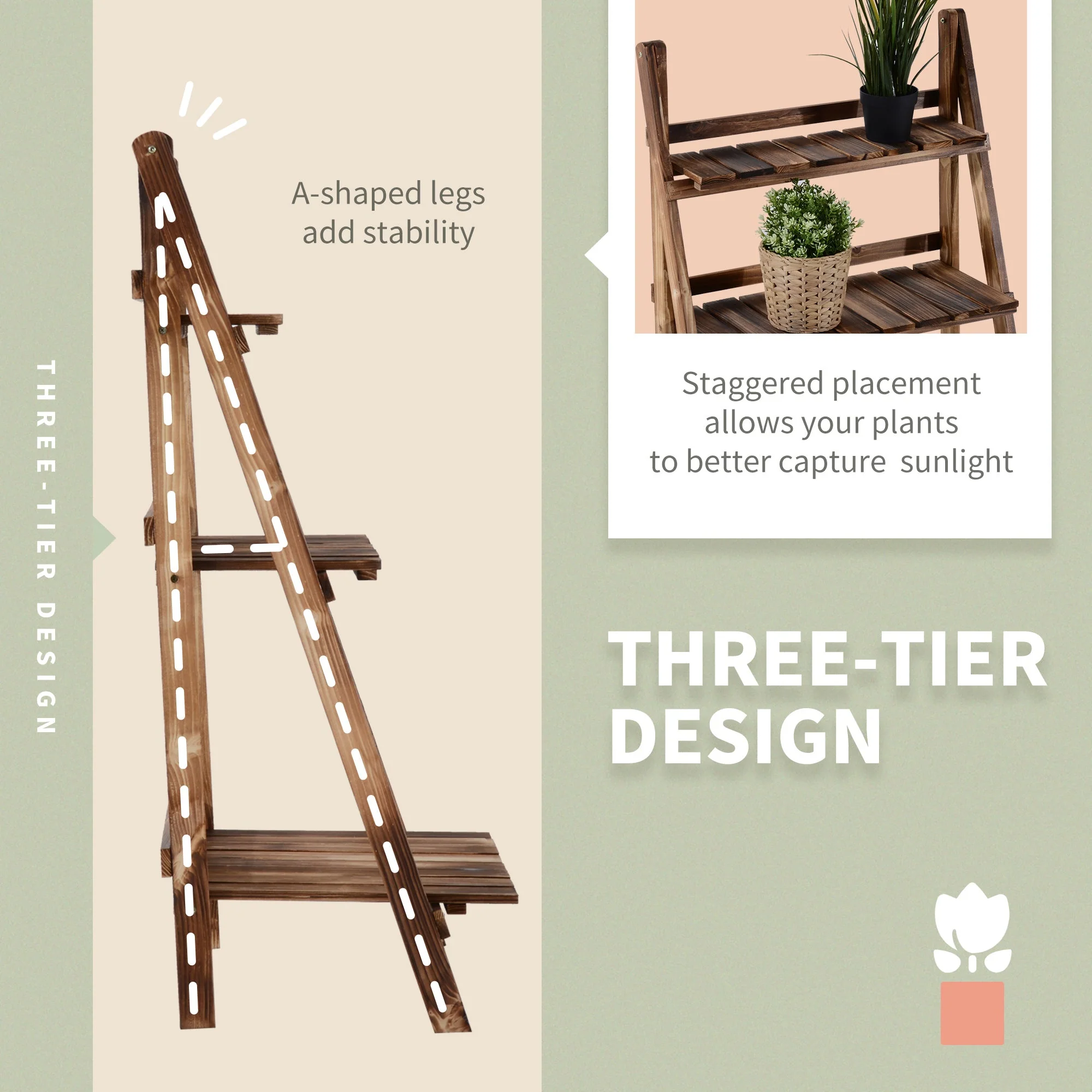 Outsunny Wooden Folding Flower Pot Stand 3 Tier Garden Planter Display Ladder Gardener Storage Shelves Rack Herb Holder (60L X 37W X 93H (cm)) - Image 5