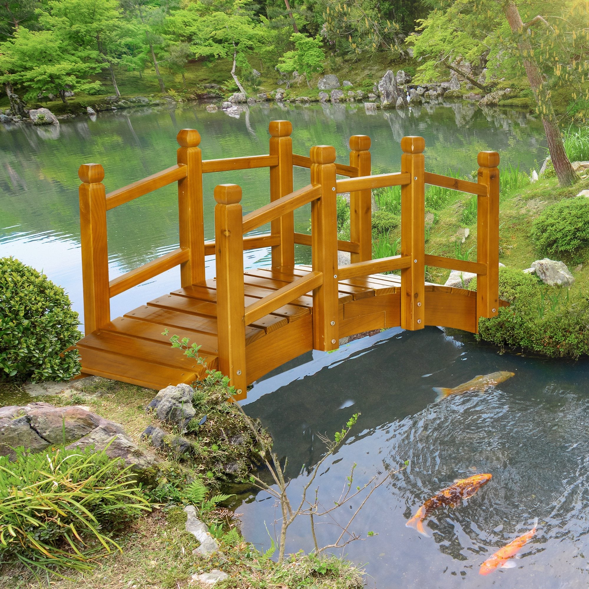Outsunny Wooden Garden Bridge with Safety Railings - Image 2