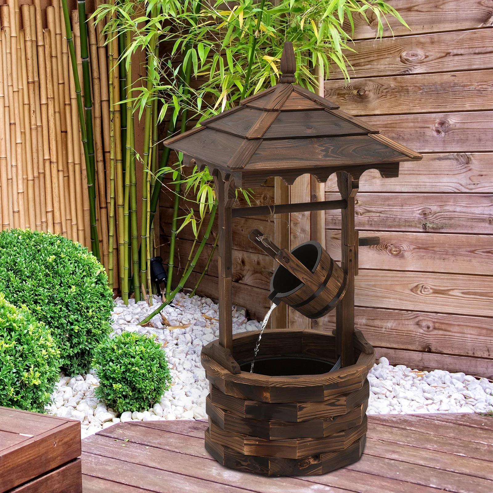 Outsunny Wooden Garden Wishing Well Fountain Barrel Waterfall Rustic Wood With Pump Garden Dcor Ornament - Image 2