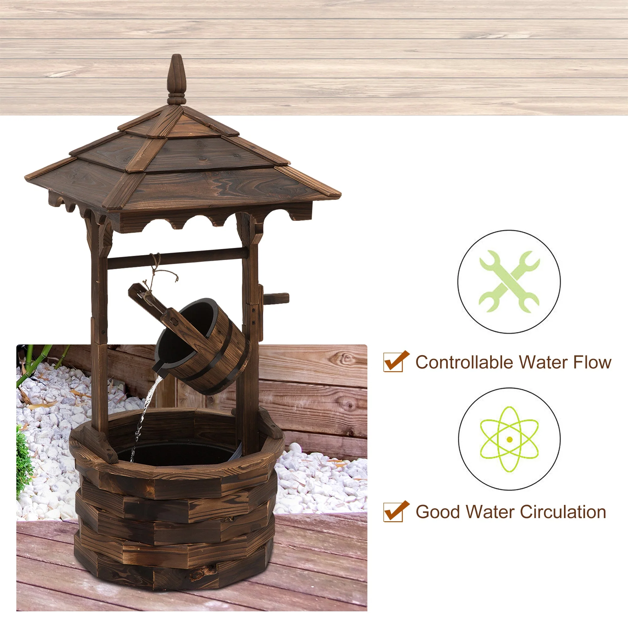 Outsunny Wooden Garden Wishing Well Fountain Barrel Waterfall Rustic Wood With Pump Garden Dcor Ornament - Image 5