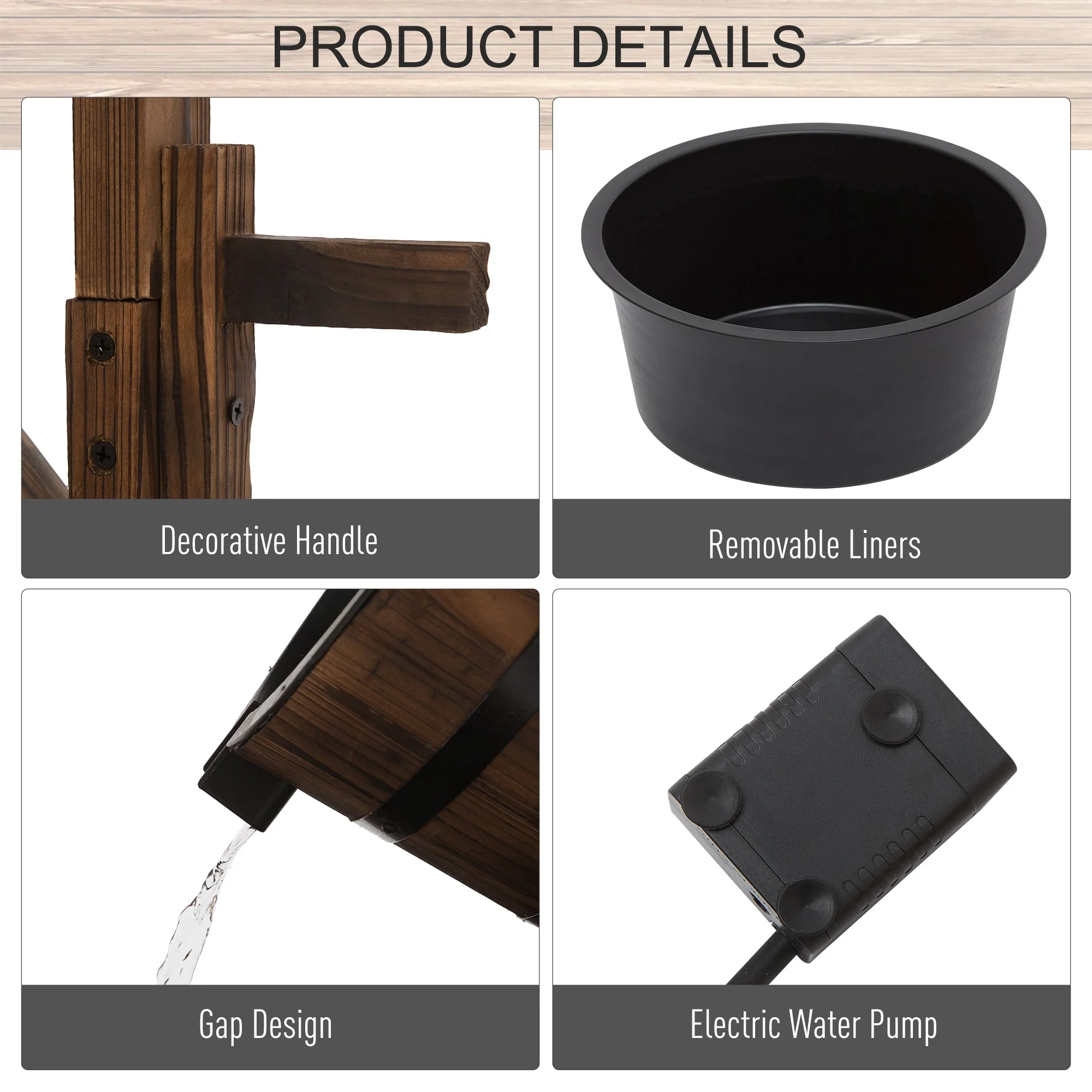 Outsunny Wooden Garden Wishing Well Fountain Barrel Waterfall Rustic Wood With Pump Garden Dcor Ornament - Image 6
