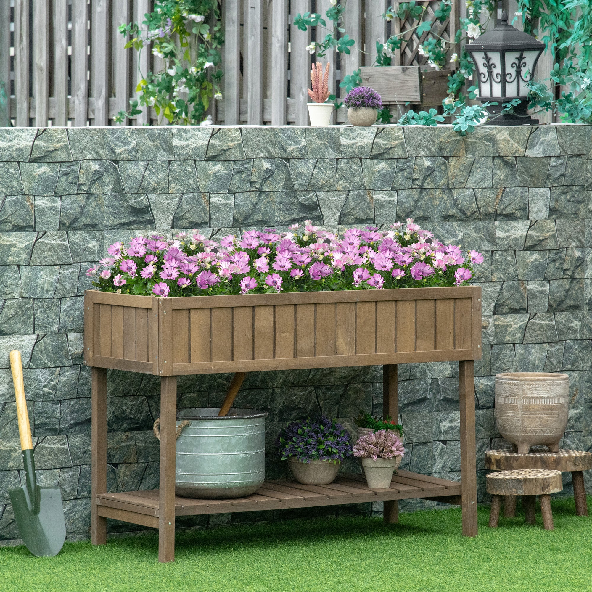 Outsunny Wooden Herb Planter Raised Bed Container Garden Plant Stand Bed 8 Boxes 110L X 46W X 76H cm Brown - Image 2