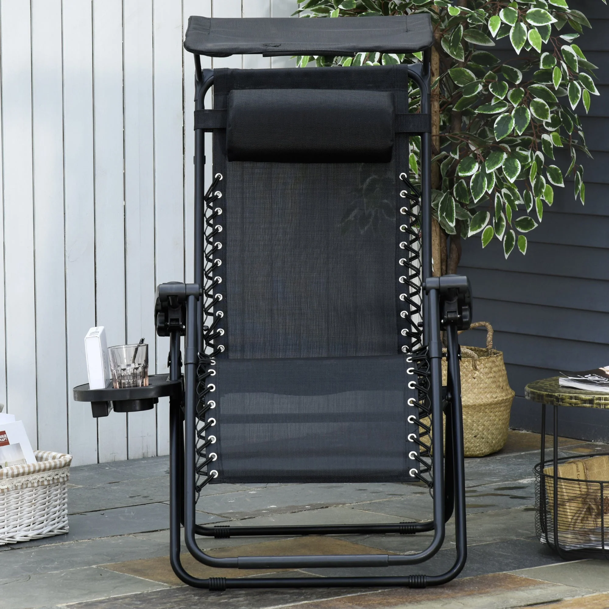 Outsunny Zero Gravity Garden Deck Folding Chair Texteline Patio Sun Lounger Reclining Seat with Cup Holder & Canopy Shade - Black - Image 2