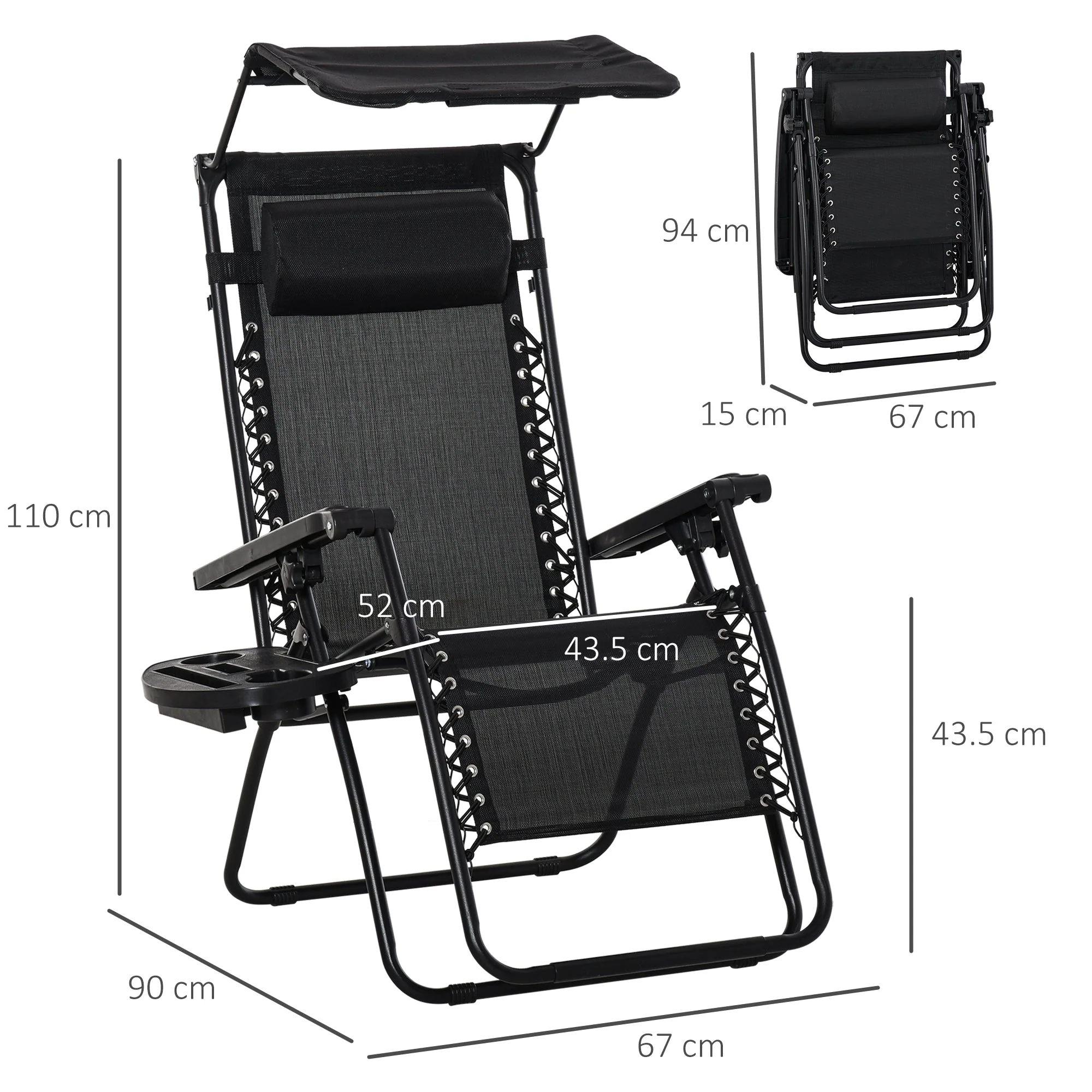 Outsunny Zero Gravity Garden Deck Folding Chair Texteline Patio Sun Lounger Reclining Seat with Cup Holder & Canopy Shade - Black - Image 3