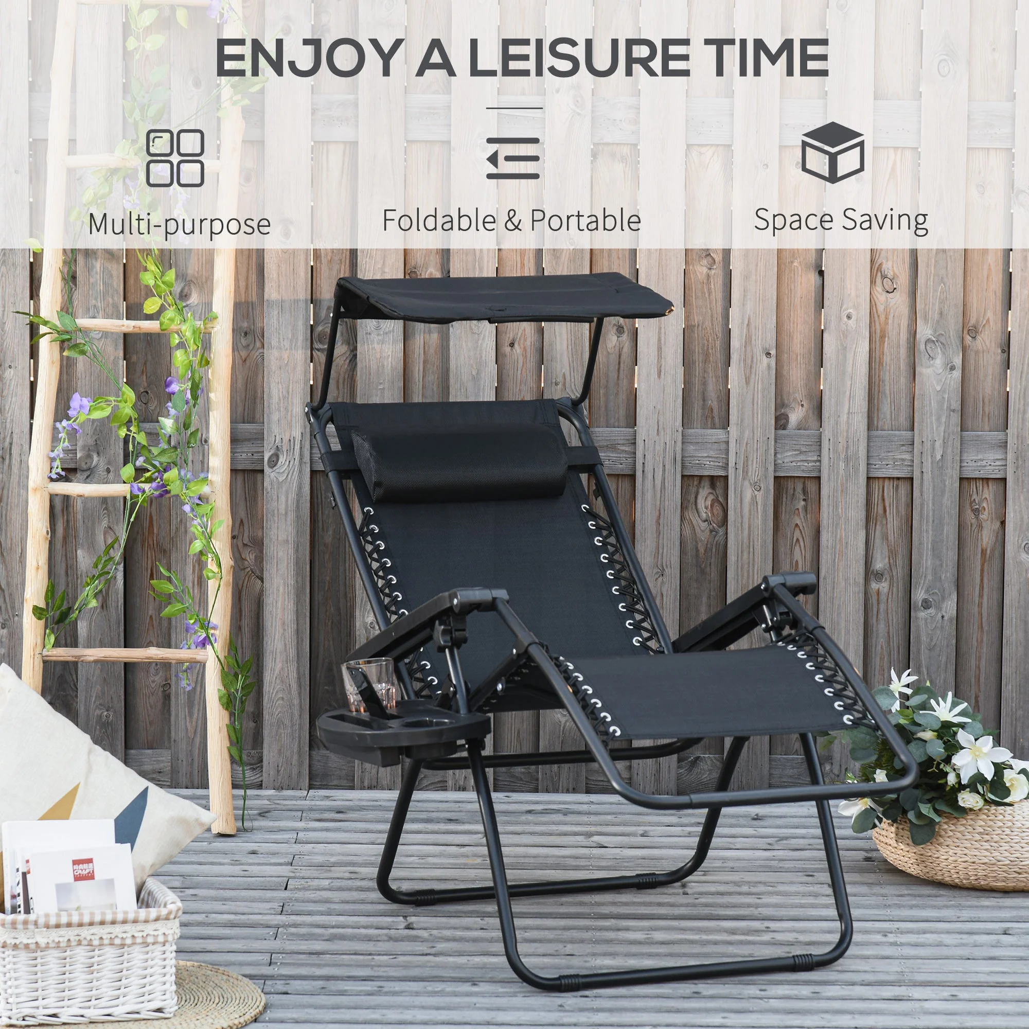 Outsunny Zero Gravity Garden Deck Folding Chair Texteline Patio Sun Lounger Reclining Seat with Cup Holder & Canopy Shade - Black - Image 4