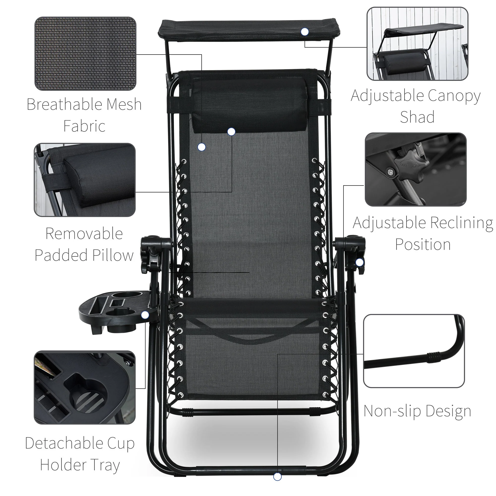 Outsunny Zero Gravity Garden Deck Folding Chair Texteline Patio Sun Lounger Reclining Seat with Cup Holder & Canopy Shade - Black - Image 5
