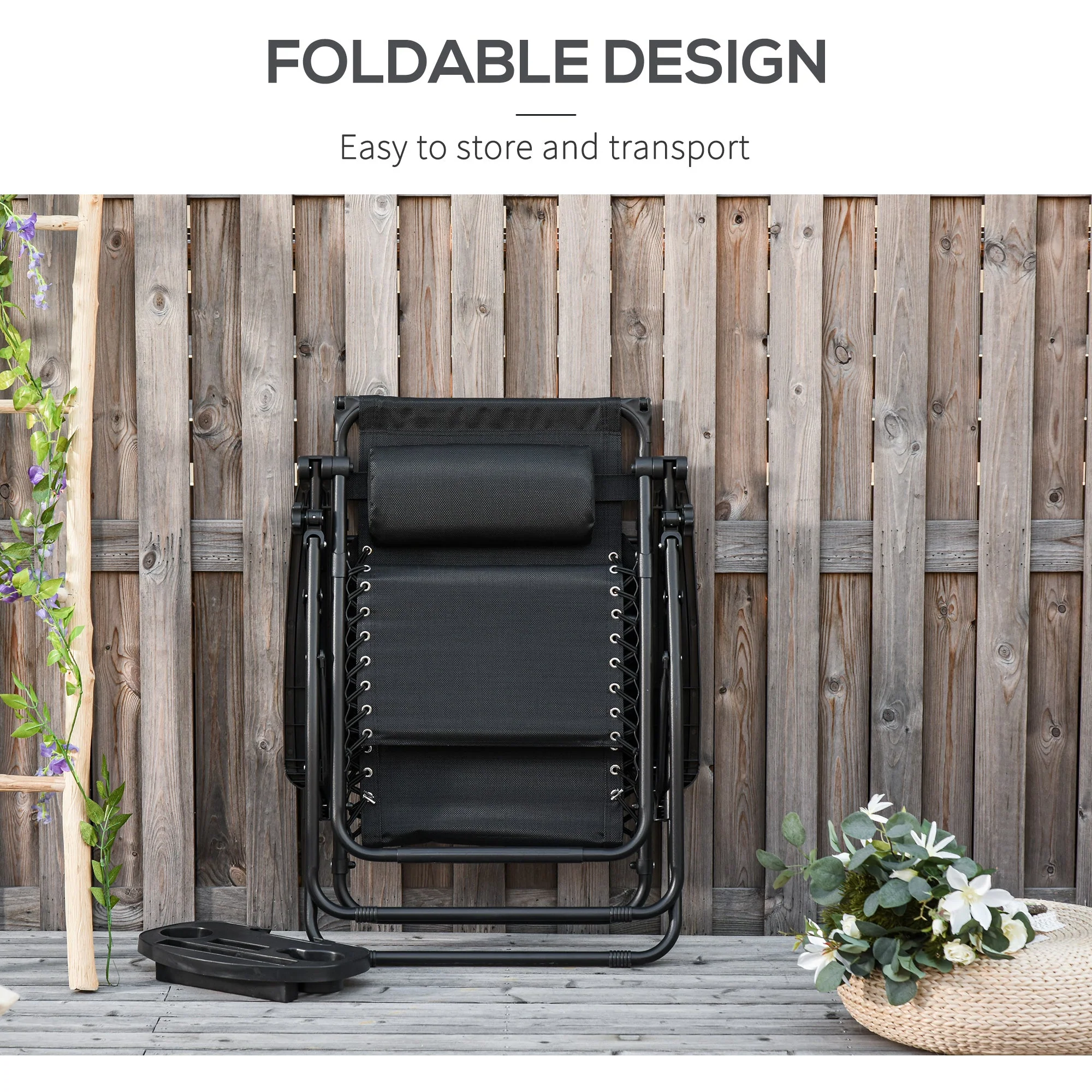 Outsunny Zero Gravity Garden Deck Folding Chair Texteline Patio Sun Lounger Reclining Seat with Cup Holder & Canopy Shade - Black - Image 6