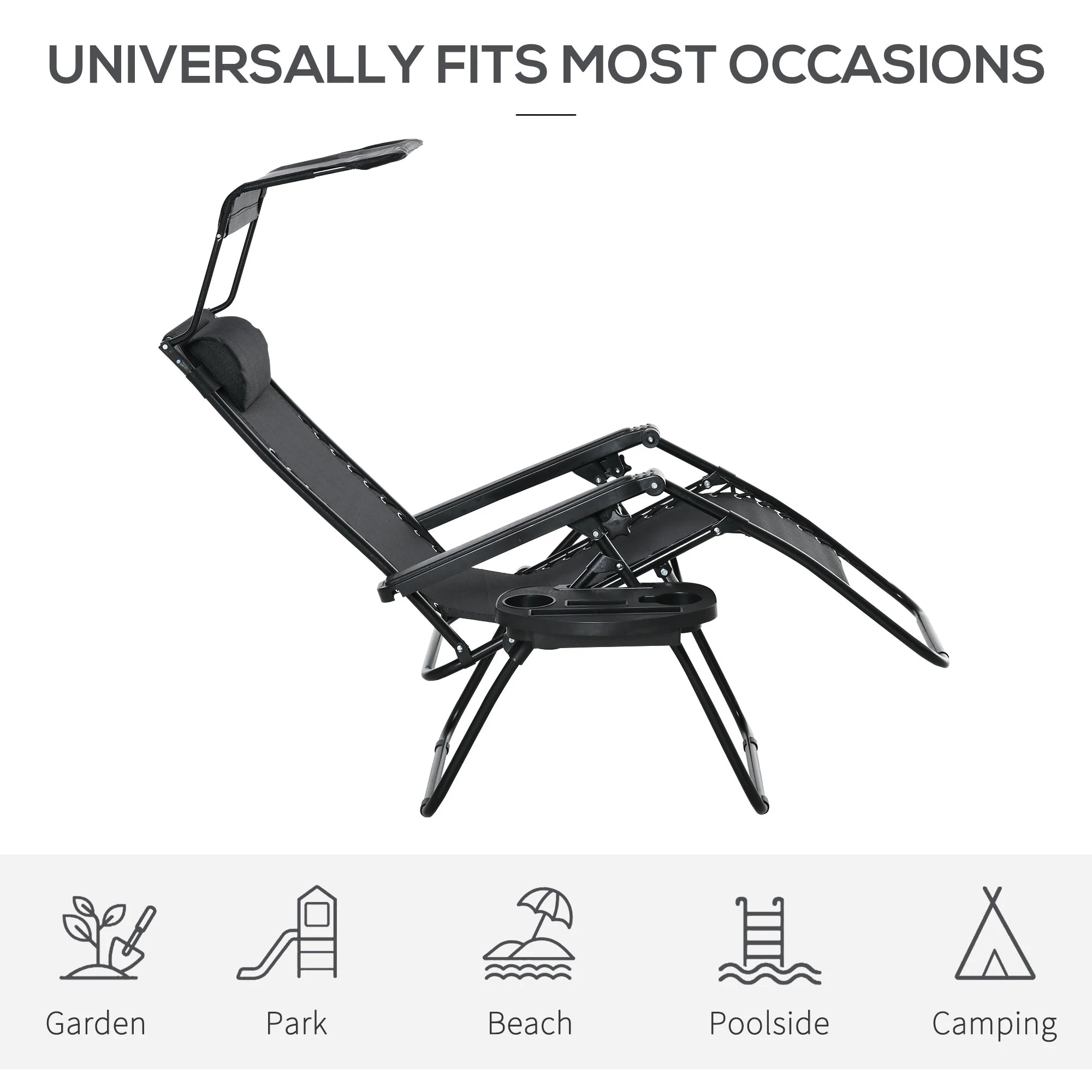 Outsunny Zero Gravity Garden Deck Folding Chair Texteline Patio Sun Lounger Reclining Seat with Cup Holder & Canopy Shade - Black - Image 7