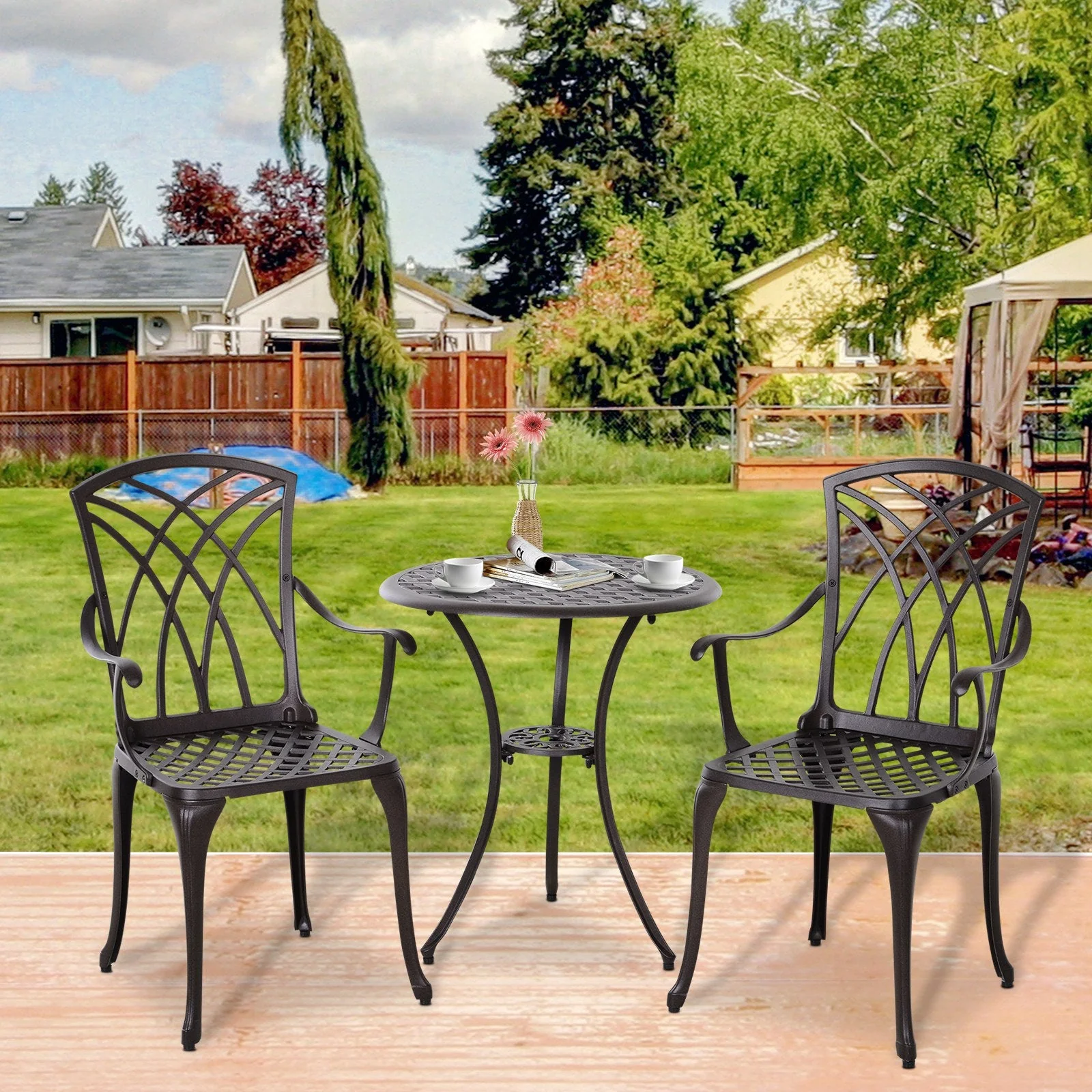 Patio Cast Aluminium 3-Piece Bistro Set Coffee Table & 2 Chairs Set Outdoor Garden Furniture Set - Image 2
