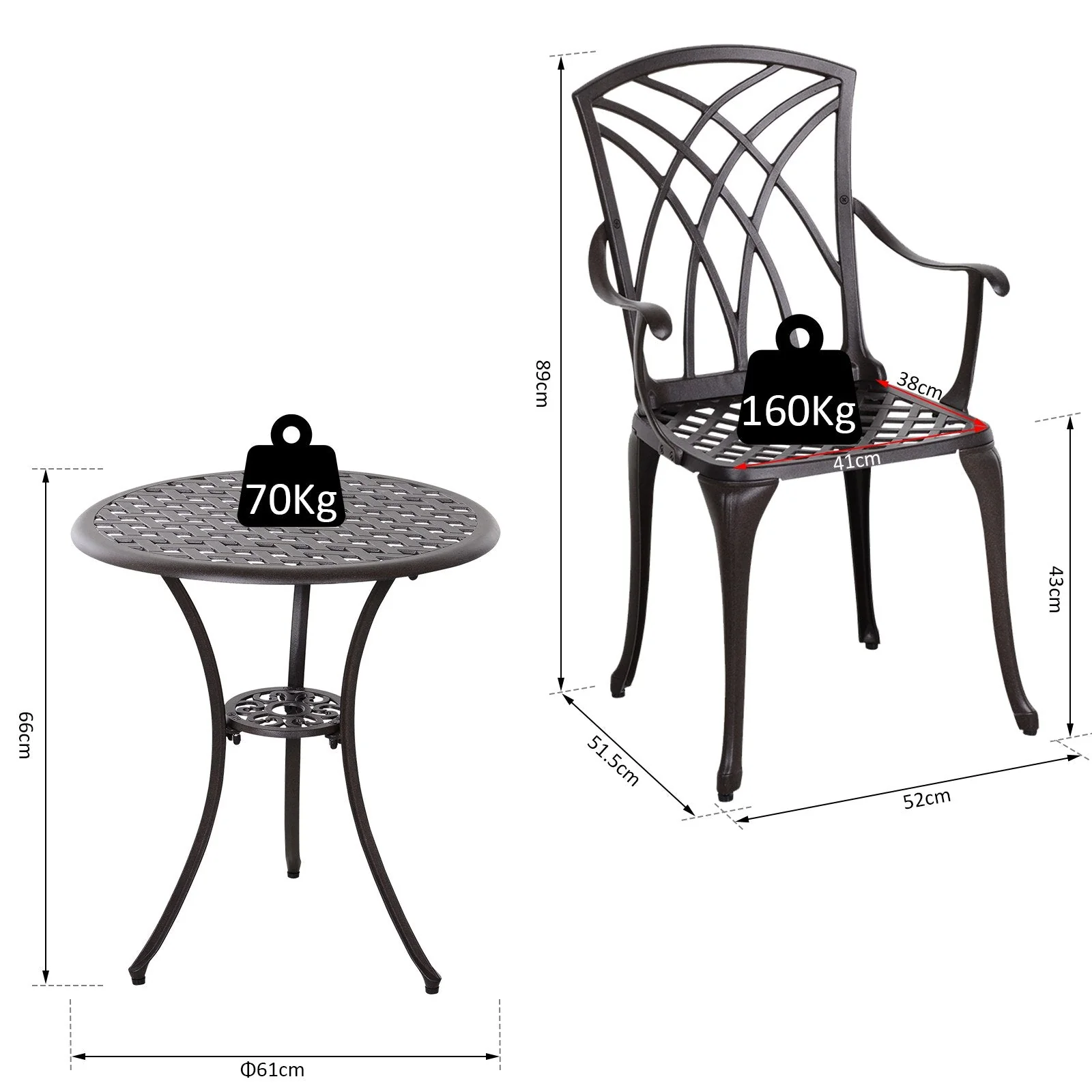 Patio Cast Aluminium 3-Piece Bistro Set Coffee Table & 2 Chairs Set Outdoor Garden Furniture Set - Image 3