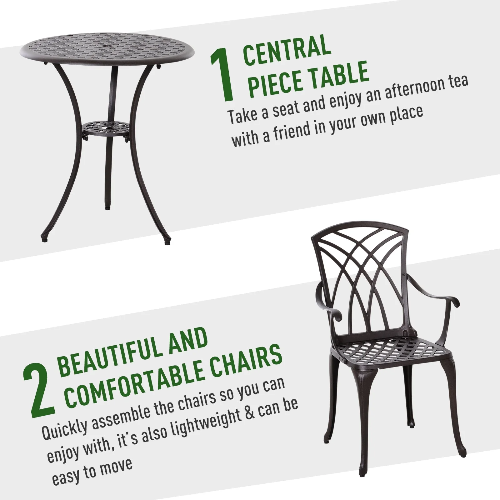 Patio Cast Aluminium 3-Piece Bistro Set Coffee Table & 2 Chairs Set Outdoor Garden Furniture Set - Image 4