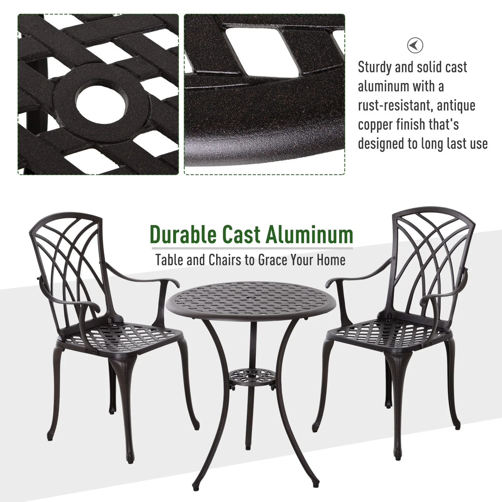 Patio Cast Aluminium 3-Piece Bistro Set Coffee Table & 2 Chairs Set Outdoor Garden Furniture Set - Image 5